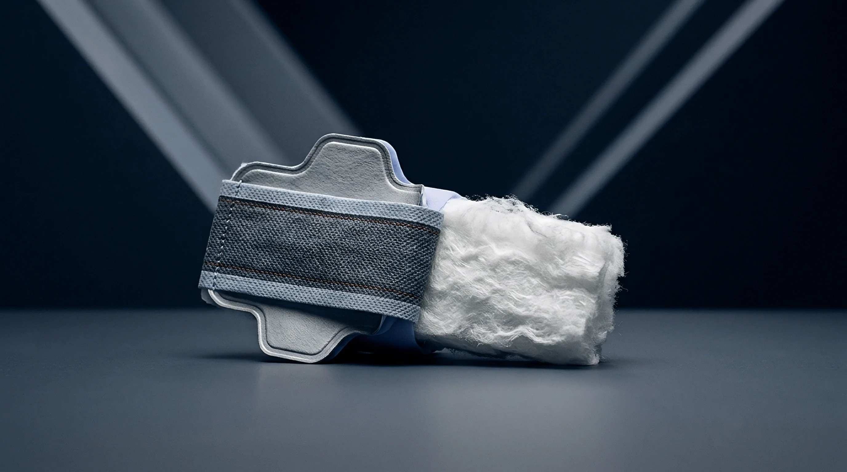 Fluffy cellulose fibers emerge from a grey nonwoven strap secured within a molded composite test fixture resting on a dark neutral surface.
