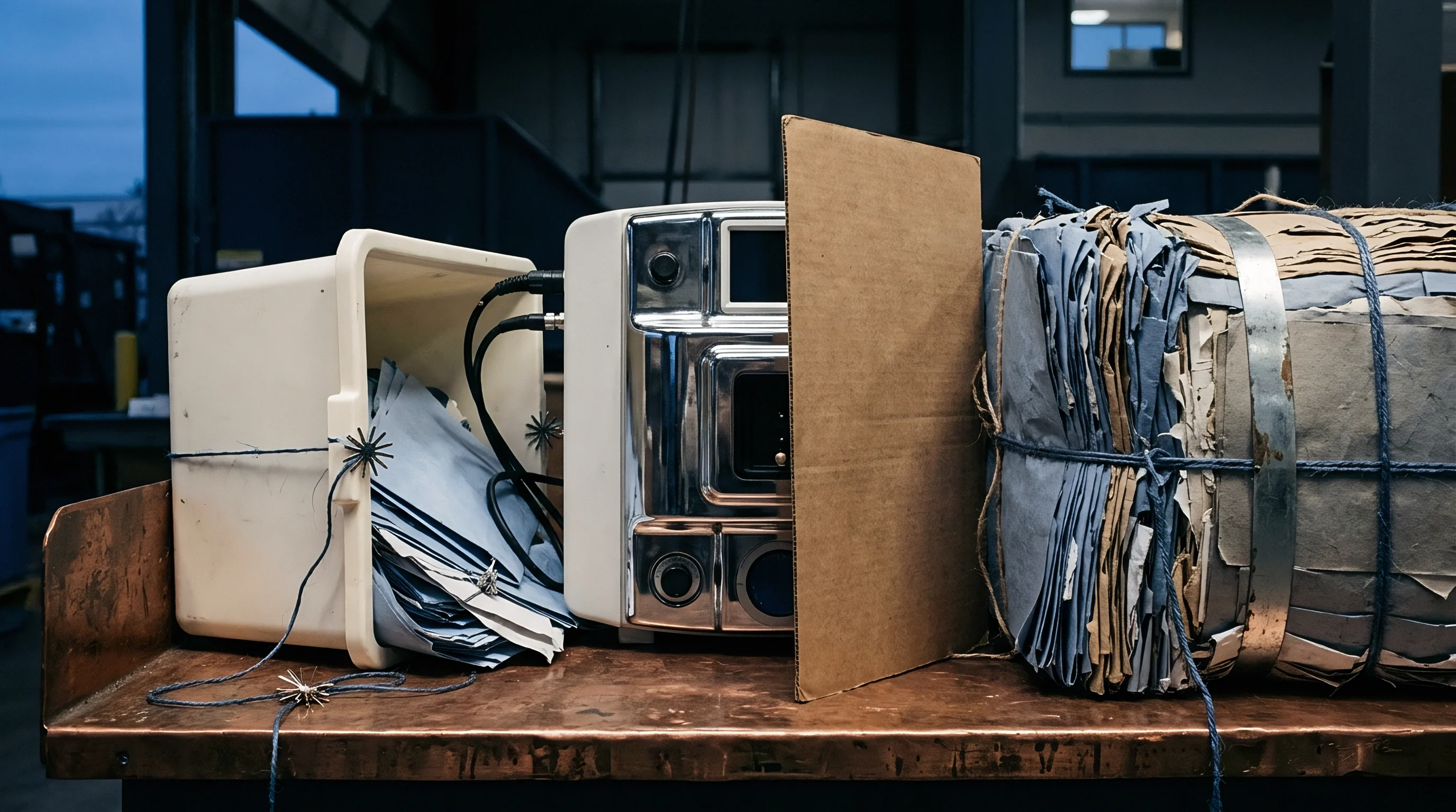Various forms of paper stock, including aged bundled documents and folded sheets, are arranged on a workbench with industrial equipment.