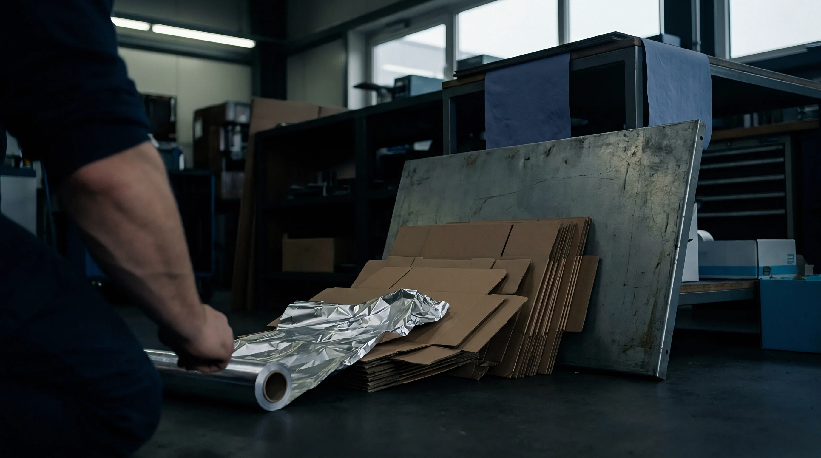 A technician prepares a roll of reflective flexible foil alongside stacked brown corrugated cardboard sheets within a concrete floored production facility.