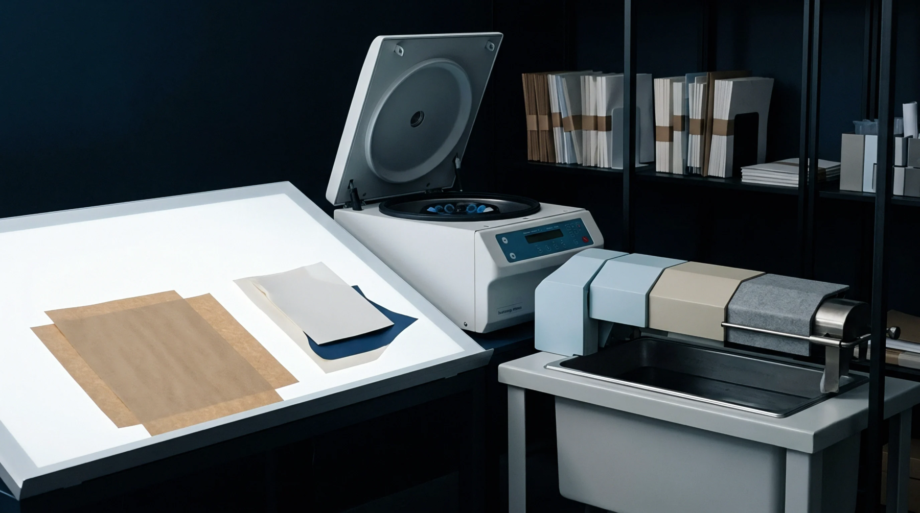 A laboratory setup features a lightbox with sheet samples, a centrifuge for substance separation, and a professional coating apparatus for testing various material properties.