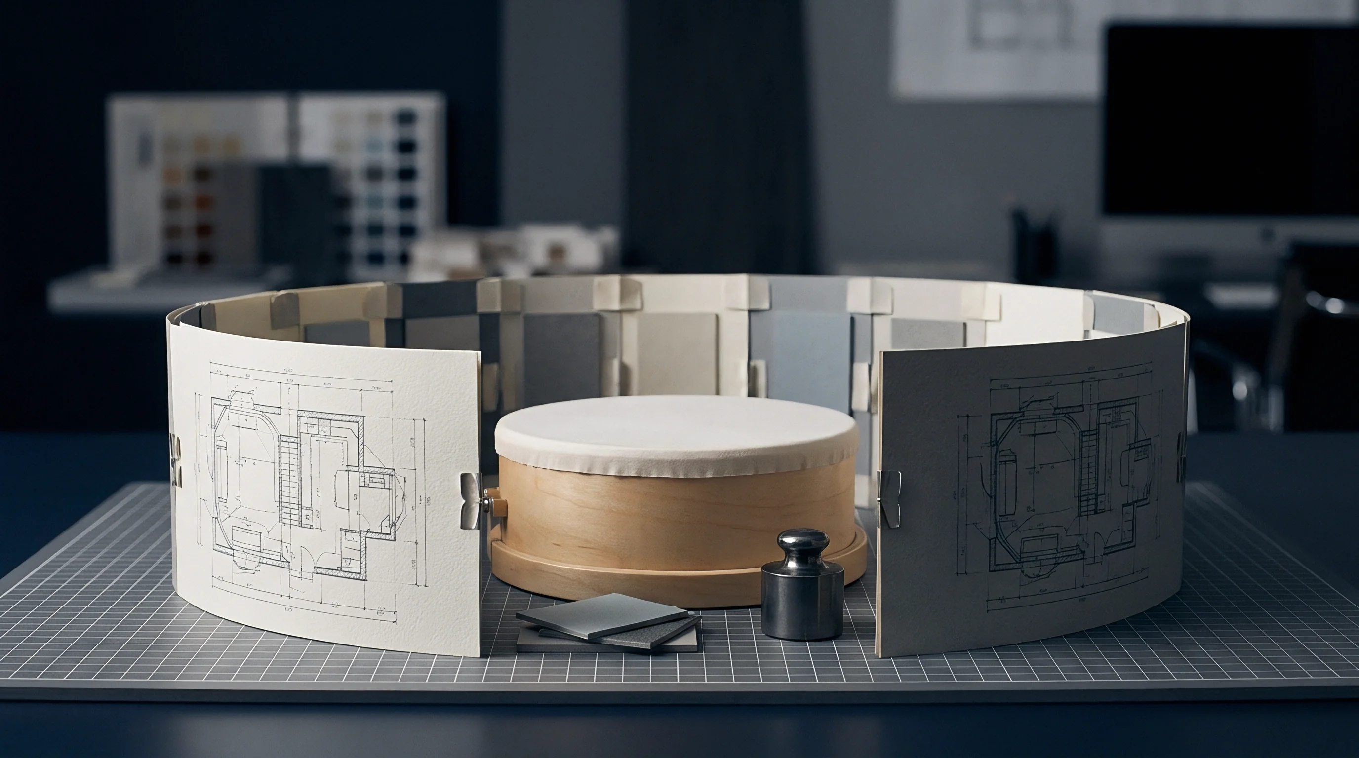 Architectural plans on off white paper samples surround a central platform with small scale weights on a grey grid work surface.