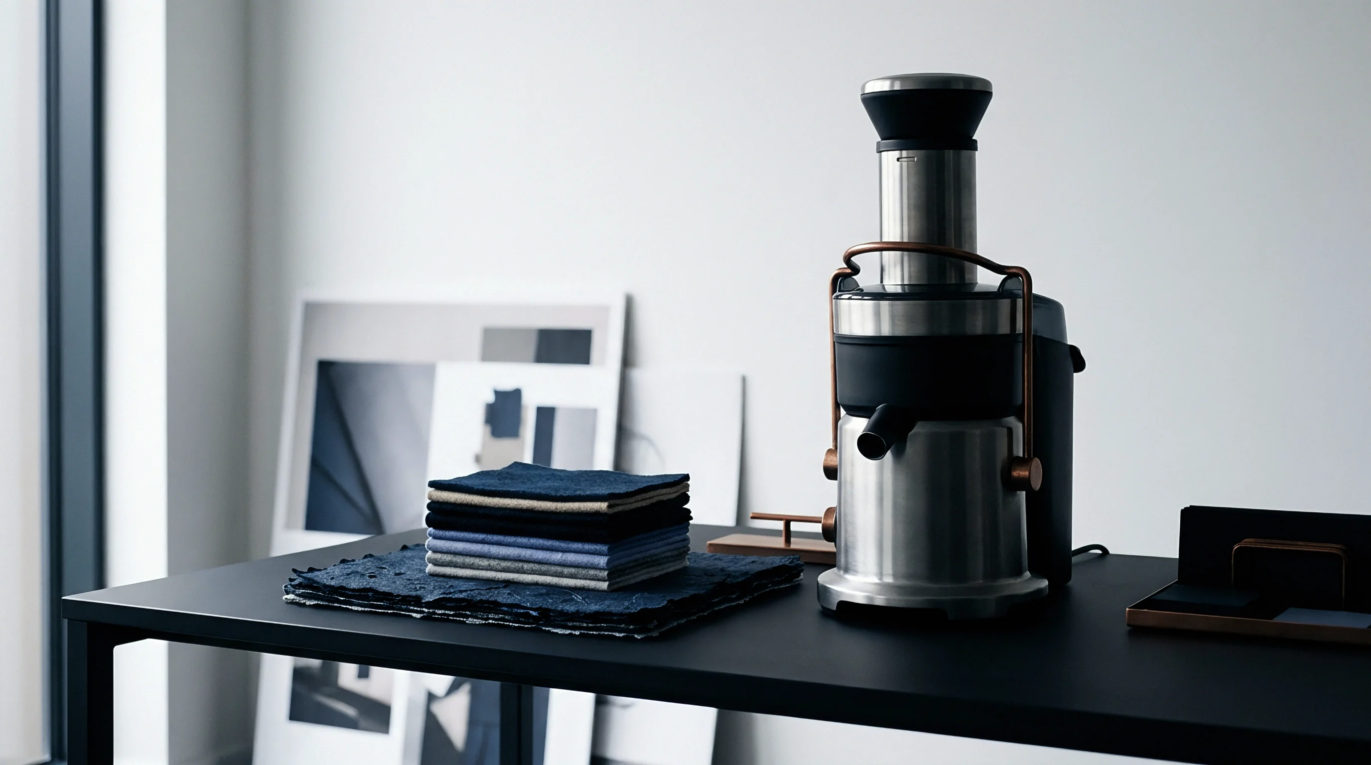 A stainless steel fiber extraction device sits beside a stacked arrangement of indigo dyed fibrous paper substrates on a matte black workspace.