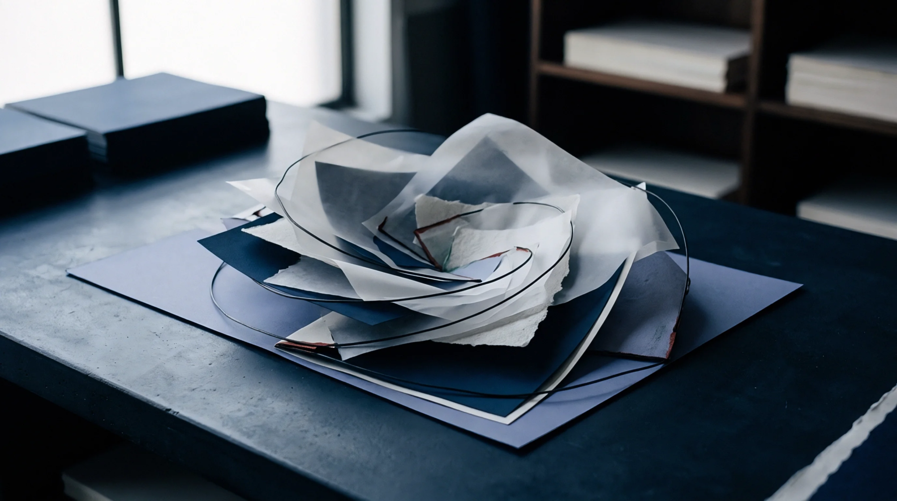 Multilayered sheets of translucent tracing paper and heavyweight blue cardstock stack within a low profile sculpture secured by thin black wire frames.