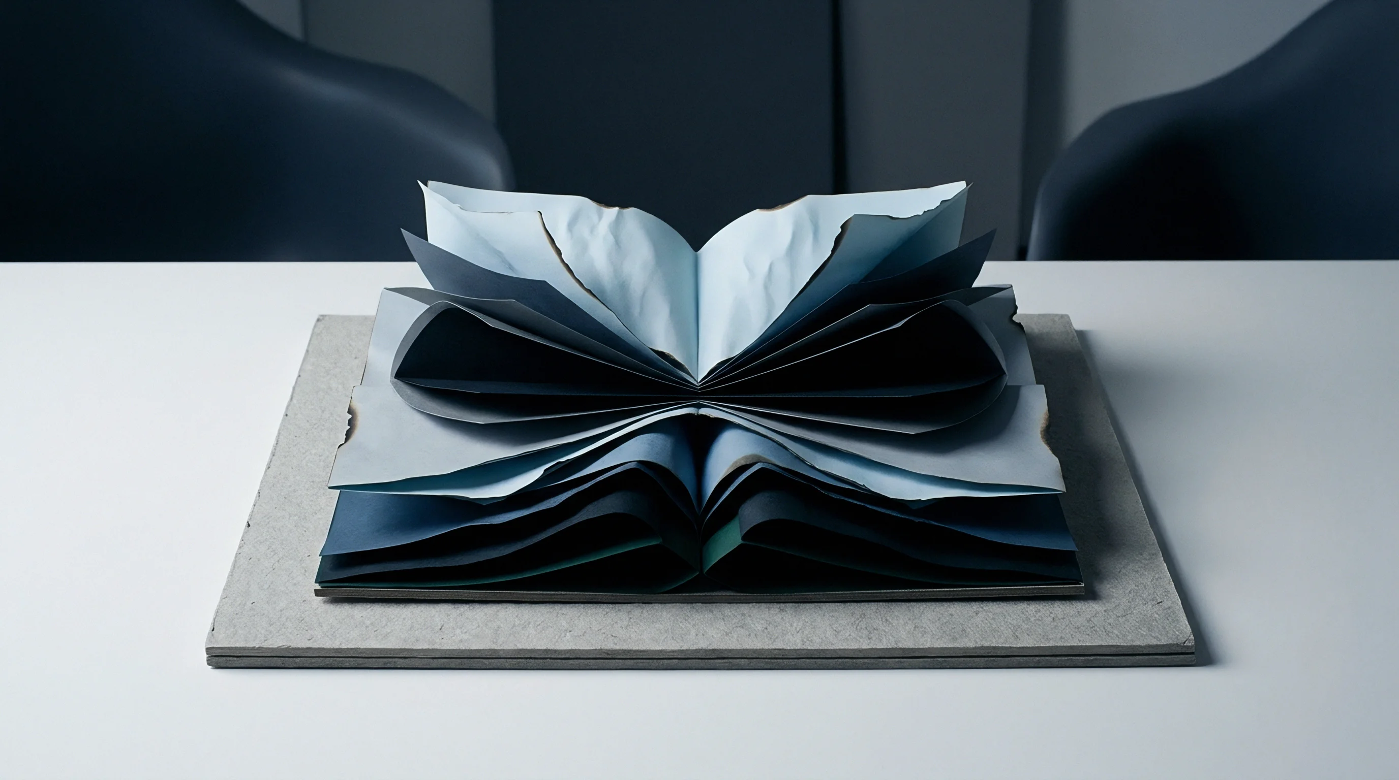 A multi-layered artistic paper structure, fan-folded and displayed on a flat grey board, revealing varied cool tones and textured edges.