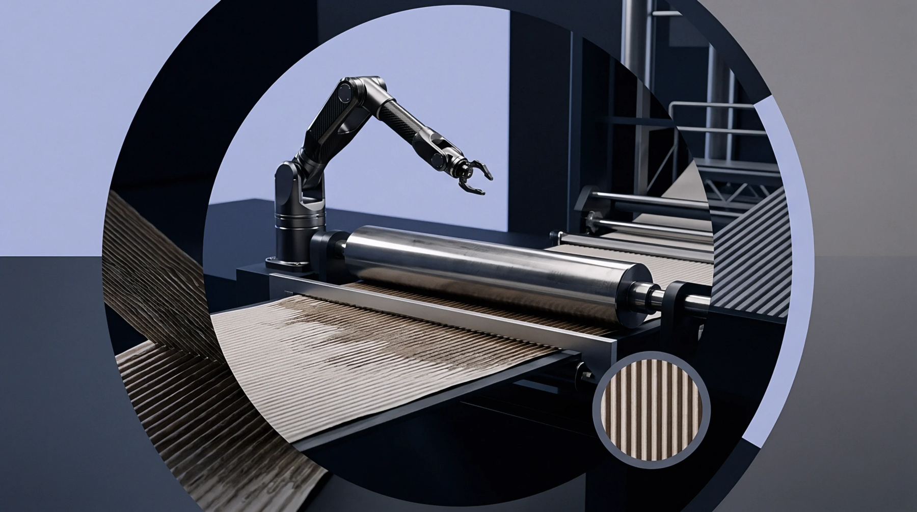 A digital render of a corrugated cardboard manufacturing line shows a robotic arm positioned above a metal roller processing fluted paper.
