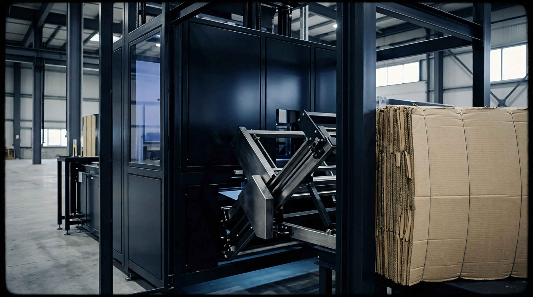 A stack of corrugated fiberboard sheets stands beside an automated sheet feeder assembly within a spacious manufacturing facility.