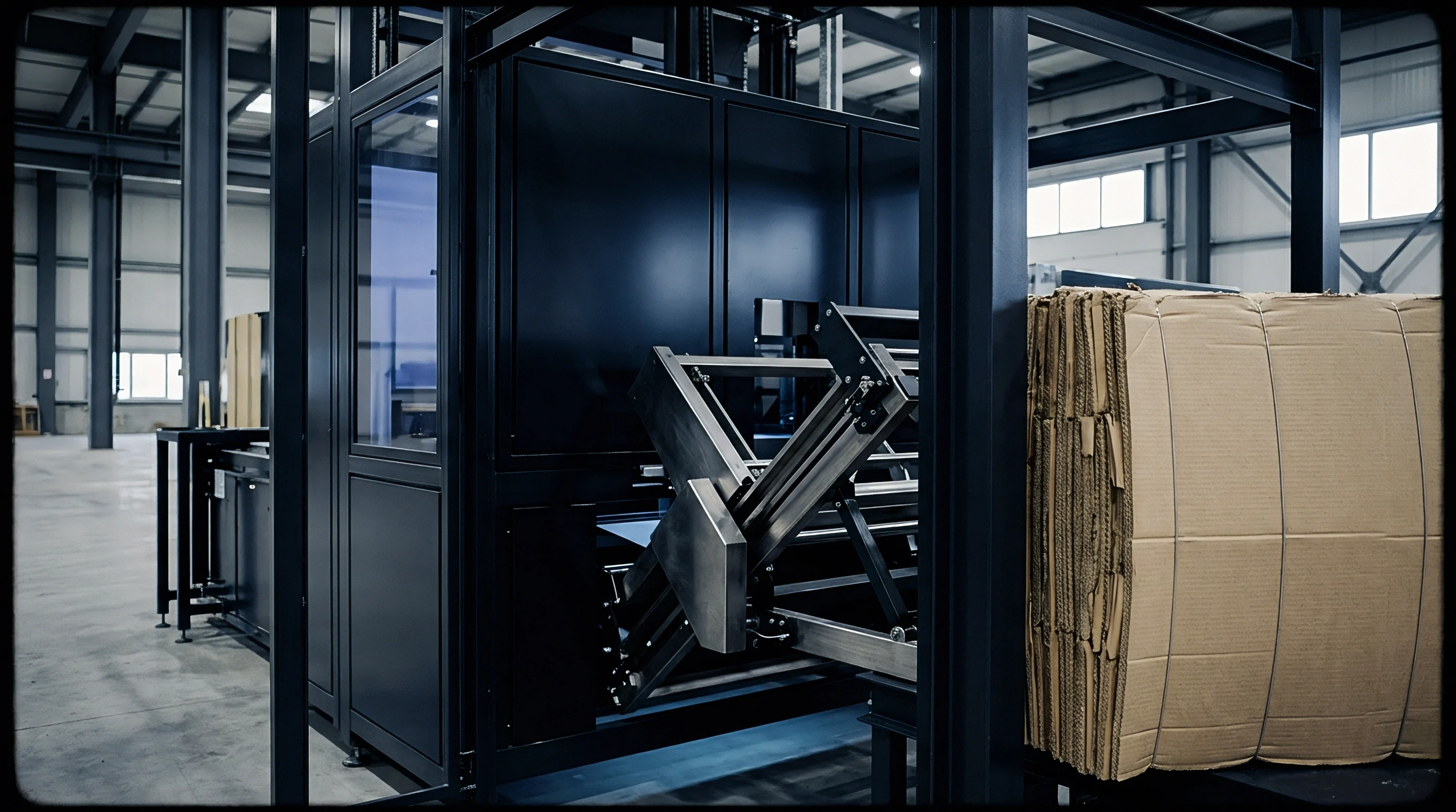 A stack of corrugated fiberboard sheets stands beside an automated sheet feeder assembly within a spacious manufacturing facility.