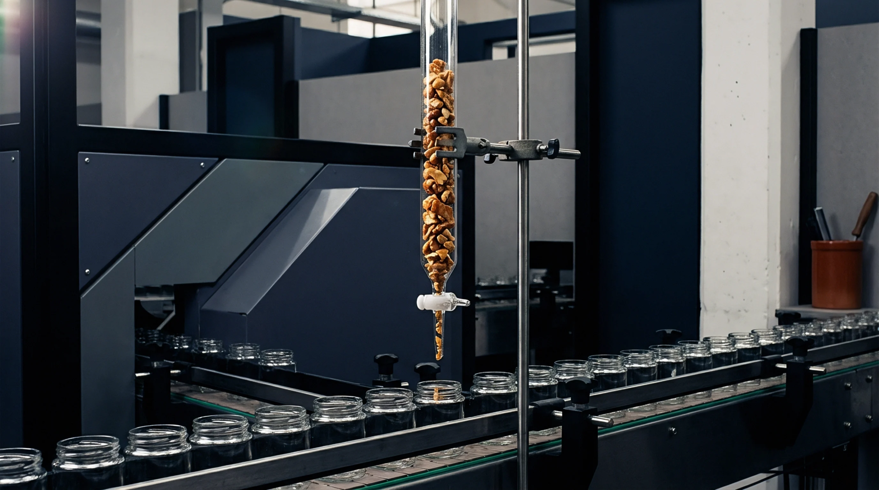 Rigid glass containers travel along an automated conveyor beneath a vertical dispensing tube filled with food product inside a converting facility.