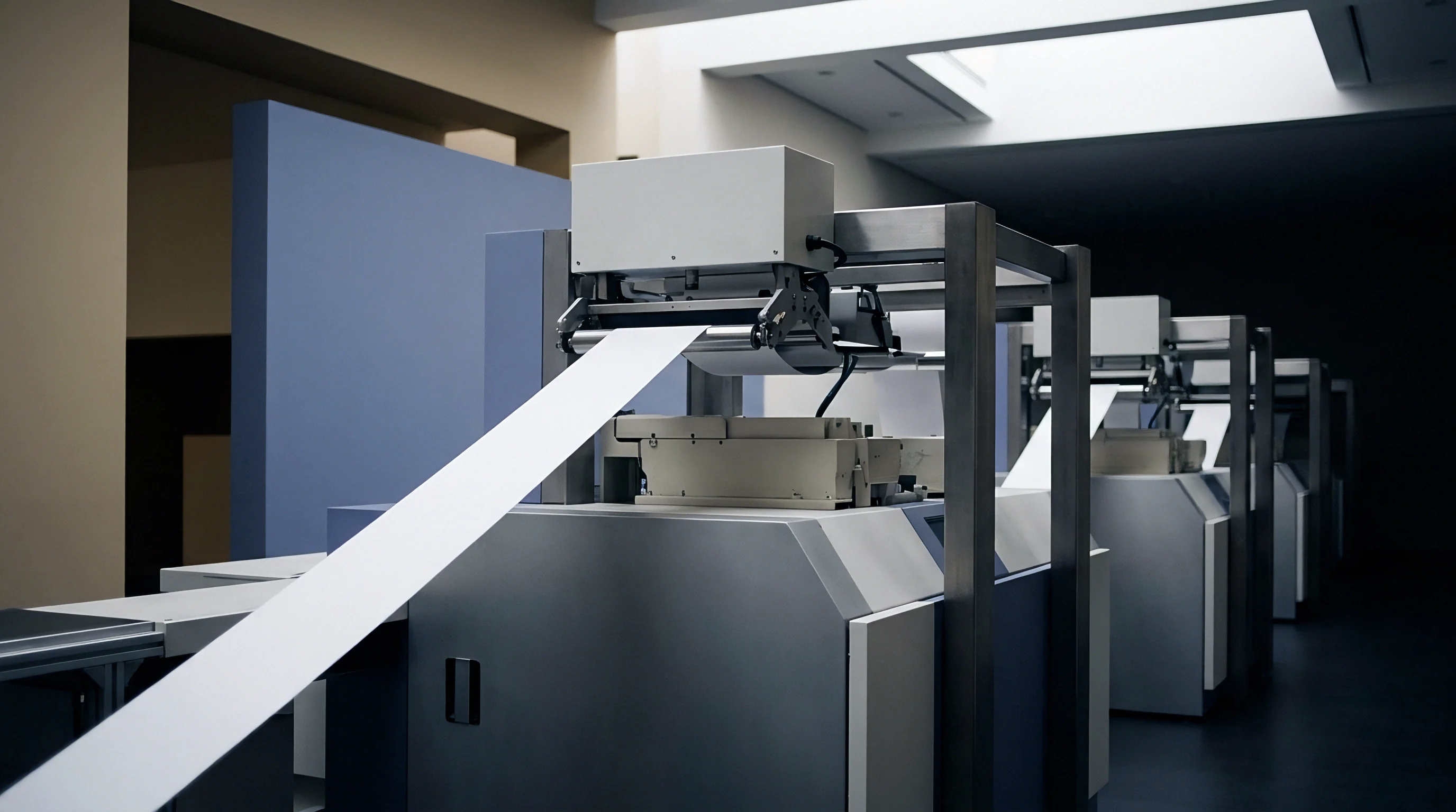 Continuous white paper web travels through automated industrial converting stations in a digital render set within a clean production facility.