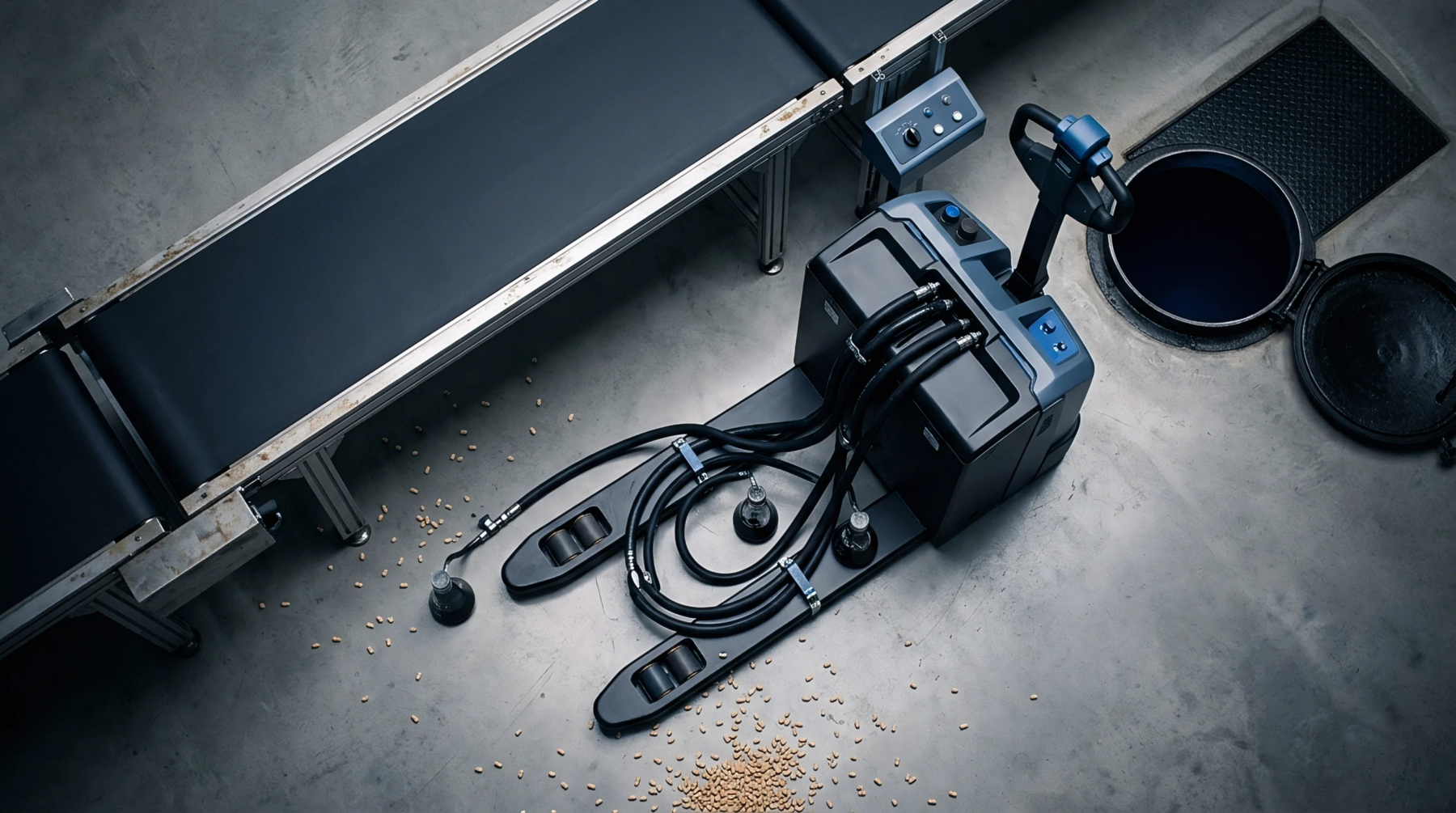 A heavy duty industrial transpallet and material handling hoses stand near a production conveyor belt on a concrete floor.