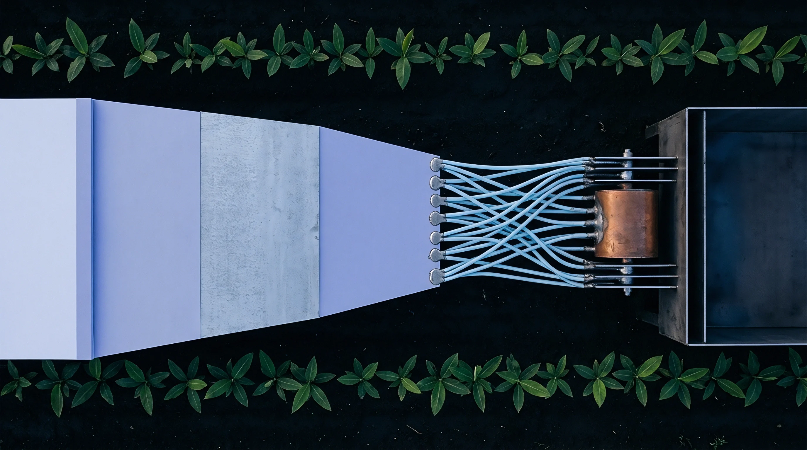 An industrial dispensing apparatus spans a bed of green seedlings while metallic tubes connect the tapered hopper to a cylindrical processing unit.
