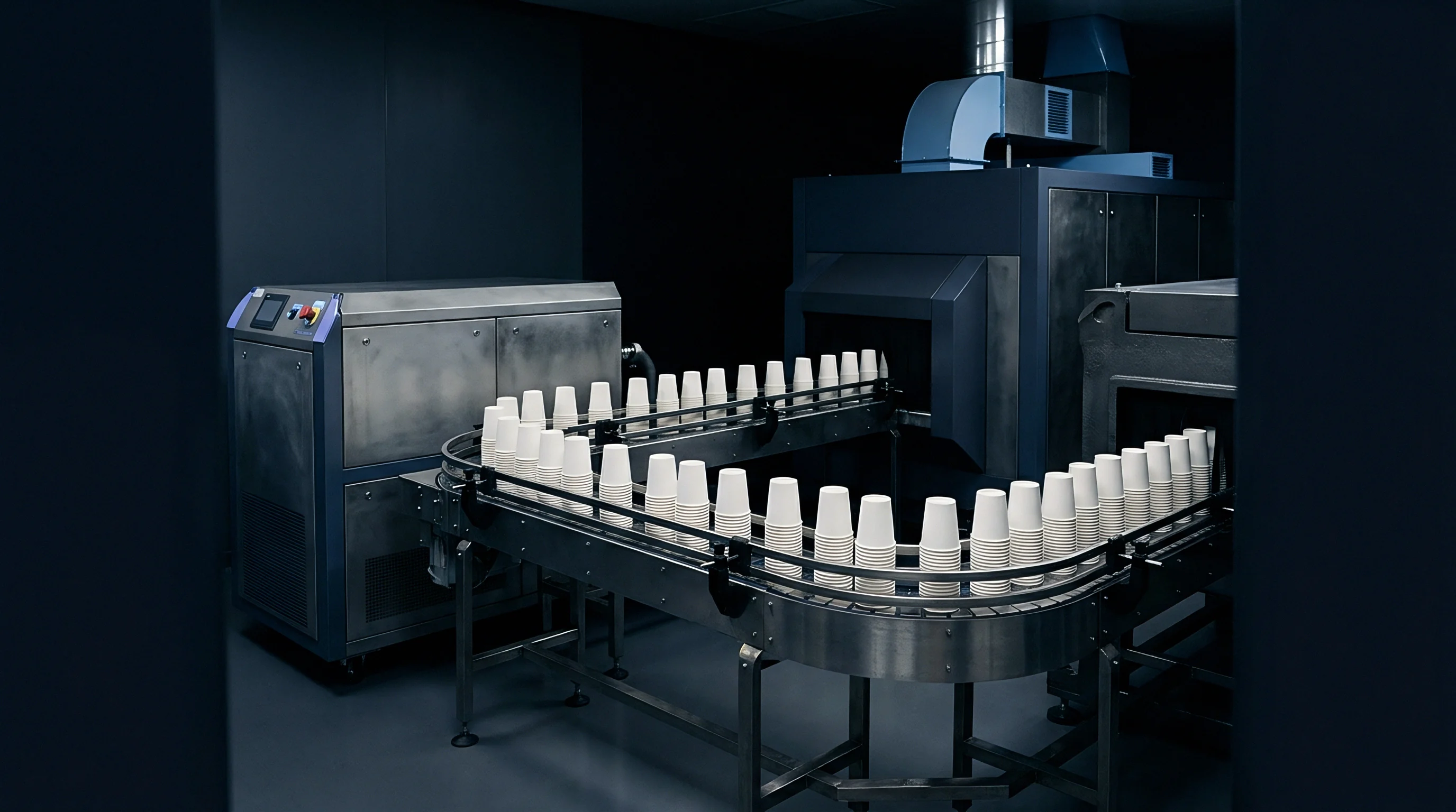 Stacked white paper cups move uniformly along a stainless steel conveyor system inside a clean industrial production environment.