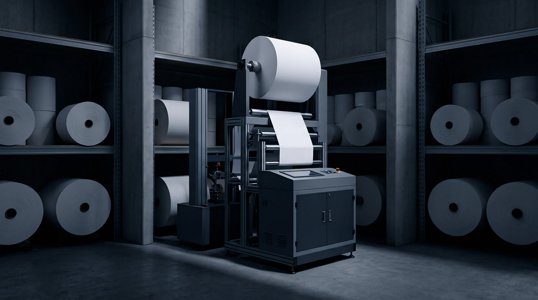 An automated paper converting machine processes a large white substrate roll amidst stacked industrial paper stock in a dark production facility.