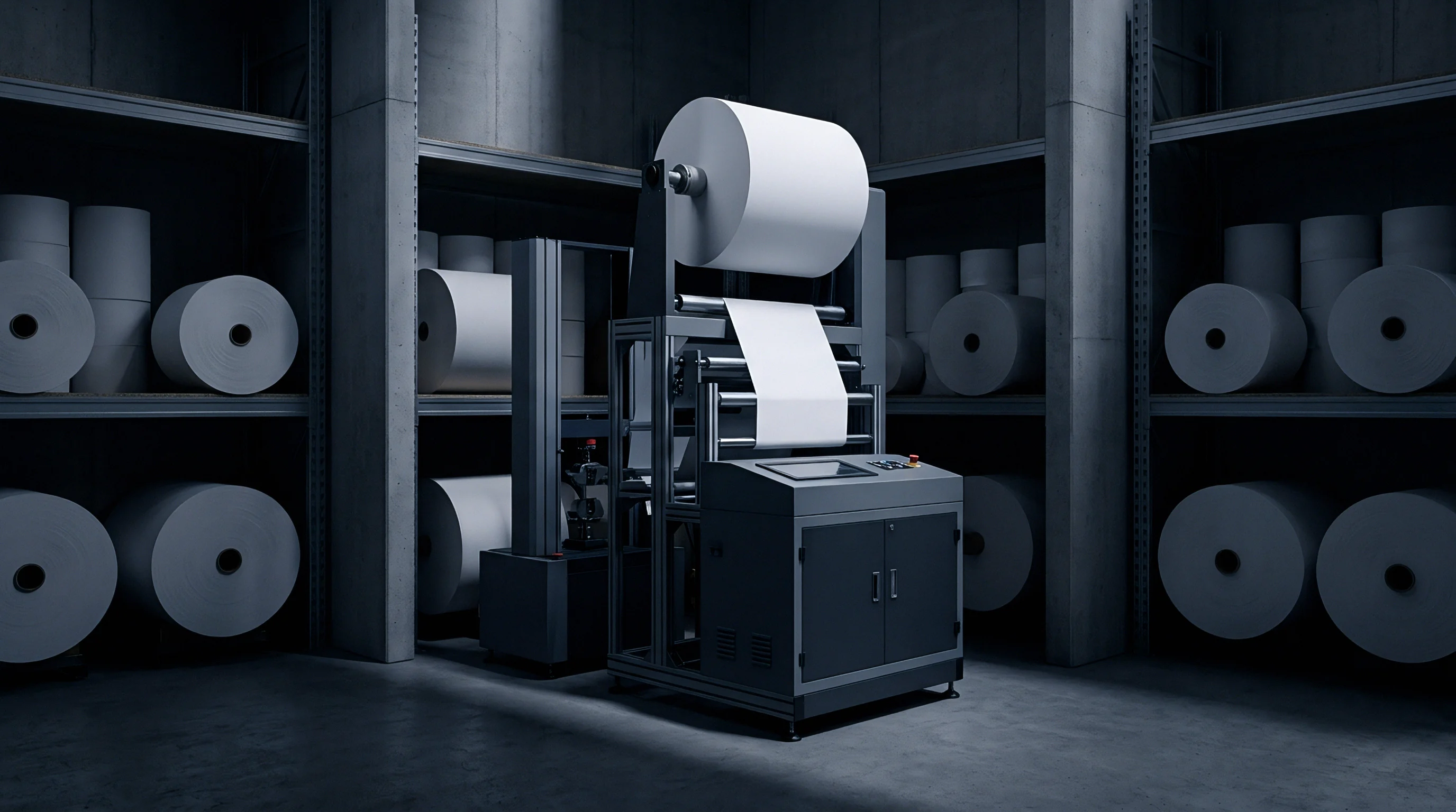 An automated paper converting machine processes a large white substrate roll amidst stacked industrial paper stock in a dark production facility.