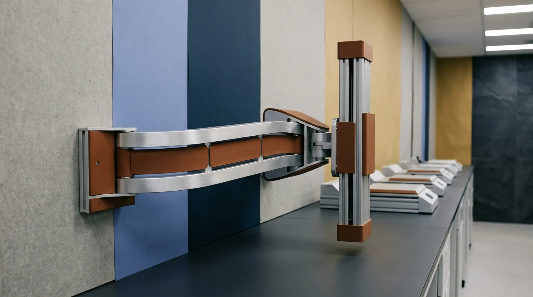 An industrial articulated arm with brushed aluminum and brown leather accents mounts against textured and colored wall panels in a production area.