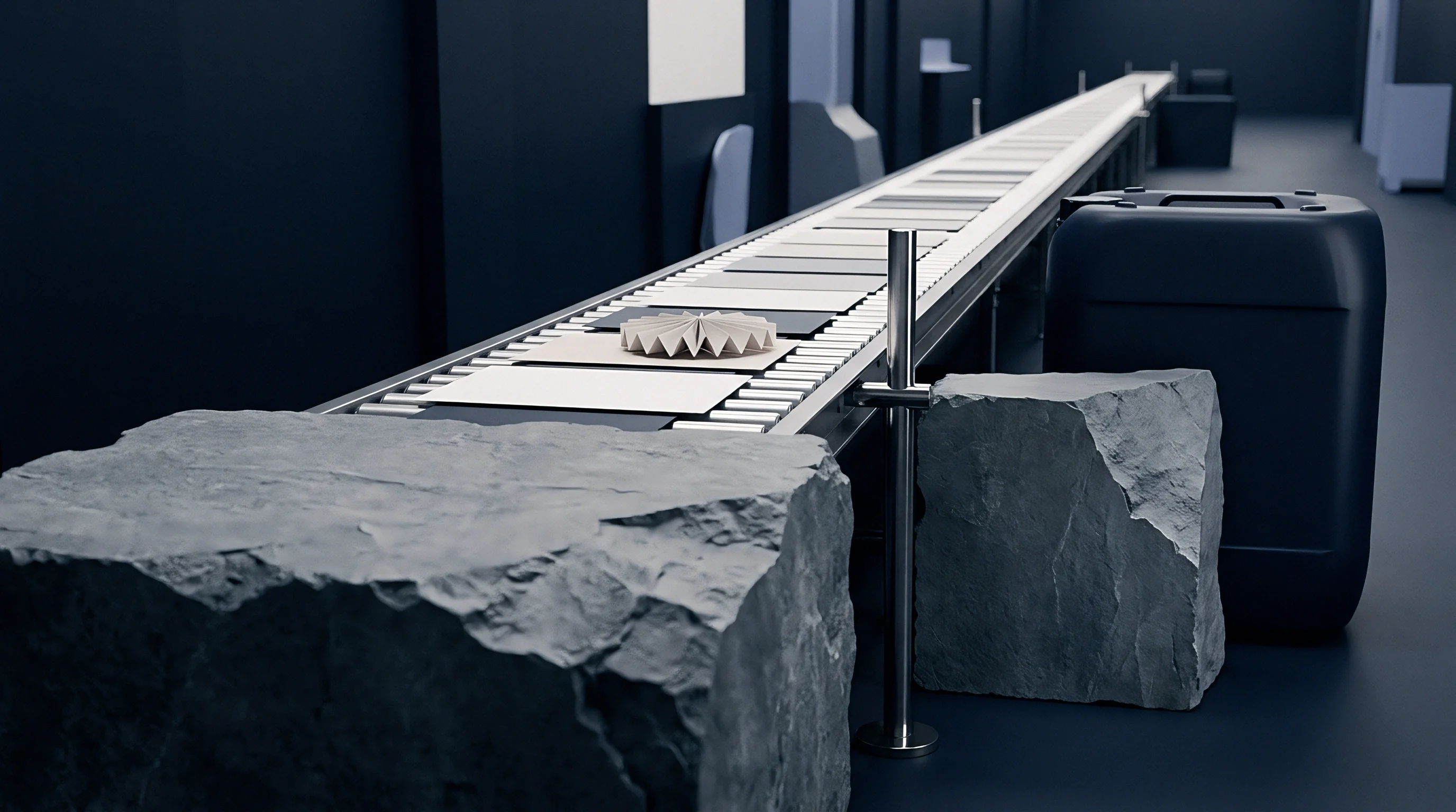 A long industrial roller conveyor carries multiple flat paper sheets and a single pleated structural sample through a dark minimalist facility.
