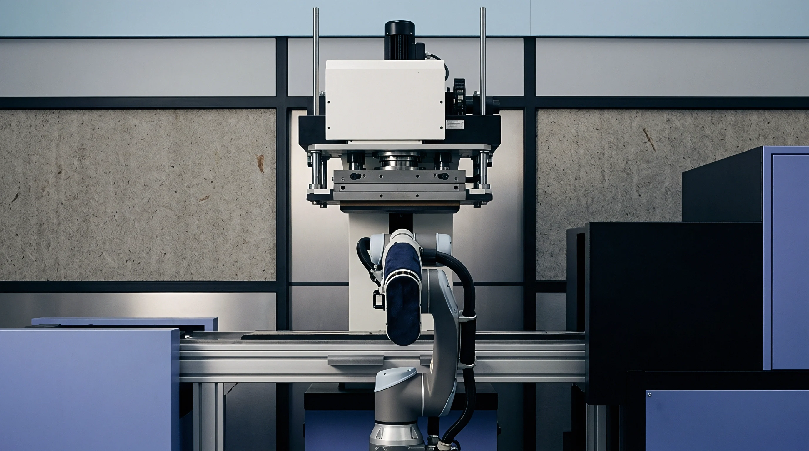 Industrial robotic arm positions a molded fiber component beneath a vertical press unit within a manufacturing facility assembly line.