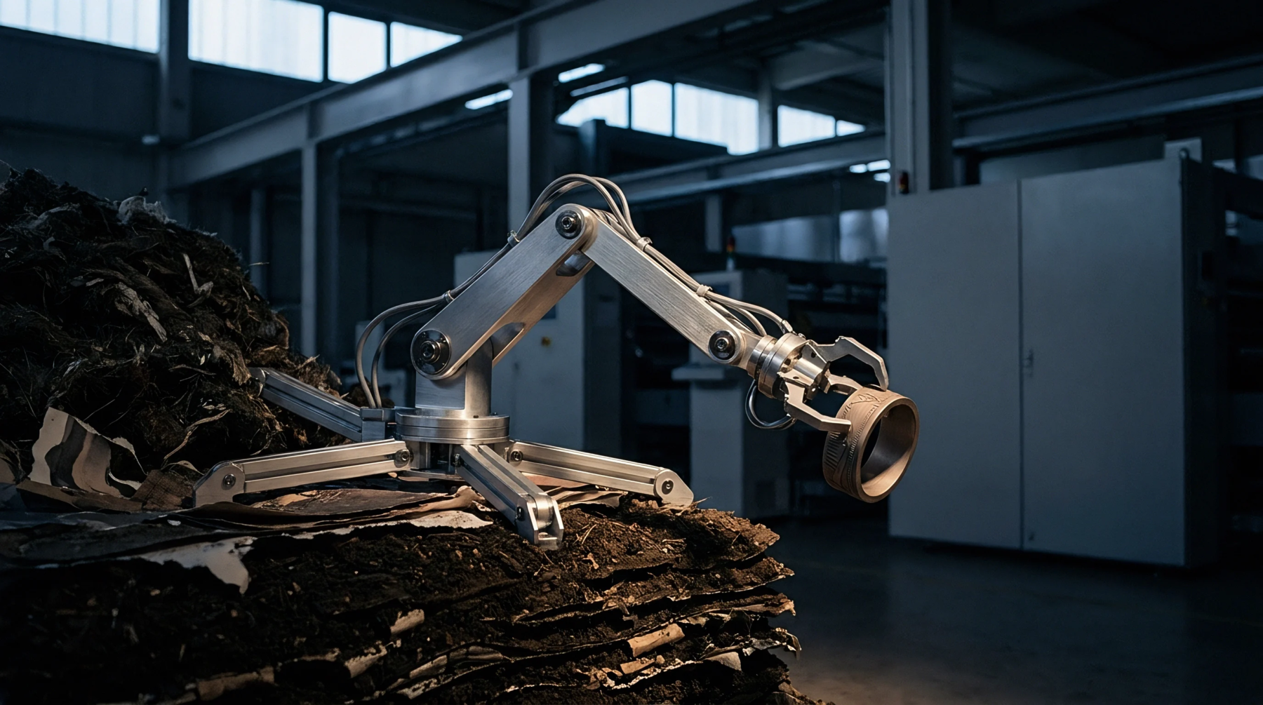 An articulated robotic arm positions a molded fiber component above compressed stacks of dark recycled paper substrate inside a manufacturing facility.