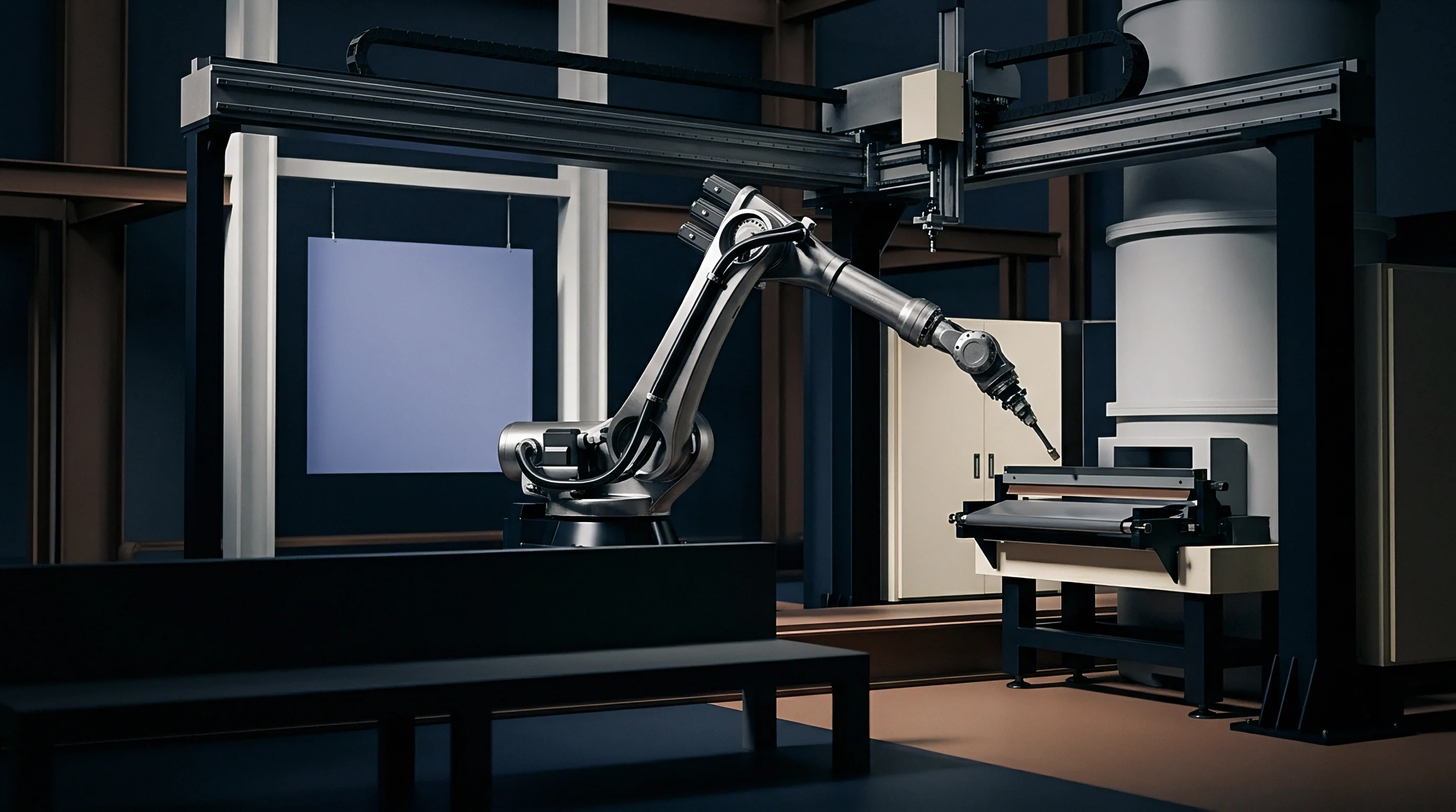 A rendered image shows a multi-axis robotic arm positioned above a specialized flatbed machine, processing a substrate in a controlled industrial setting.