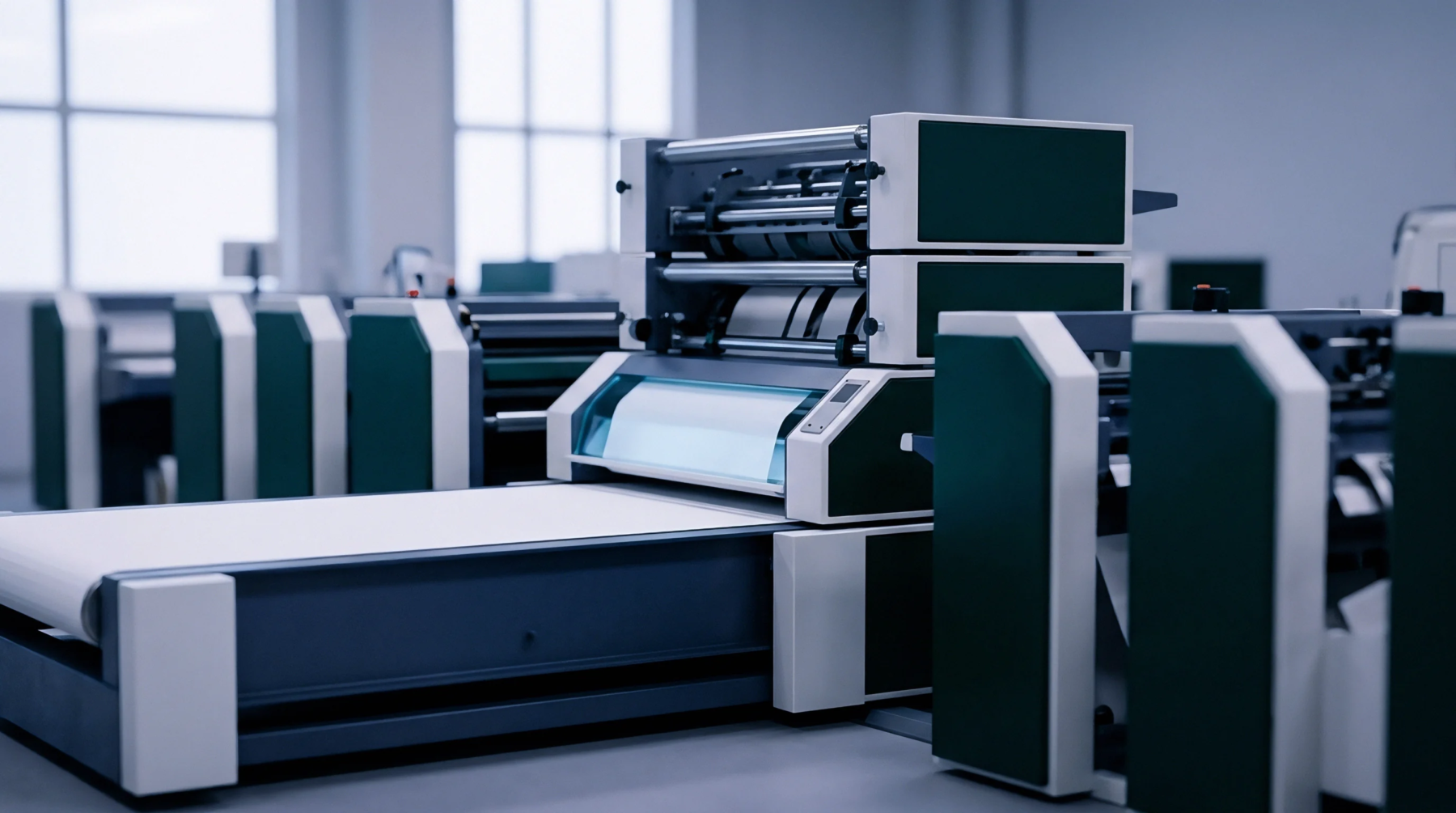 Modern industrial printing machinery processes a continuous white paper substrate sheet through multiple integrated converting units.