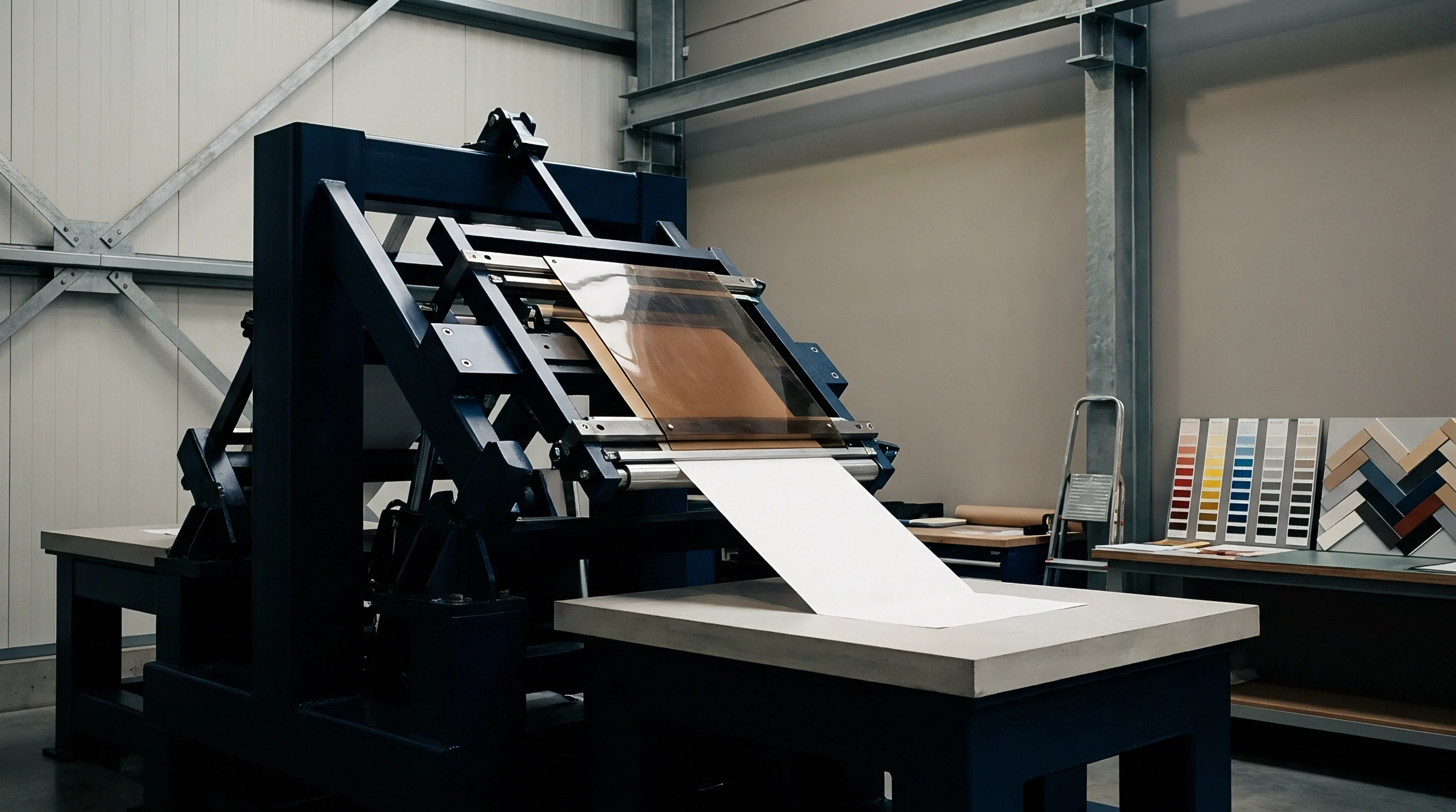Industrial equipment manages a flat sheet of white substrate as it transfers from a roll feed mechanism onto a stationary horizontal work surface.