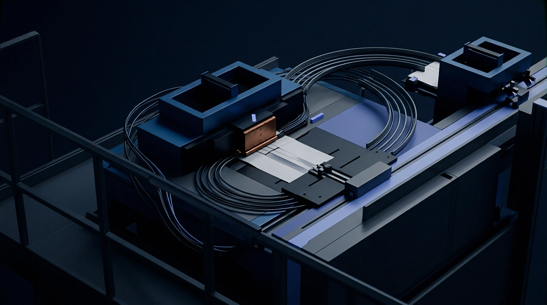 Digital render of an automated converting machine feeding white substrate sheets through blue industrial processing modules.