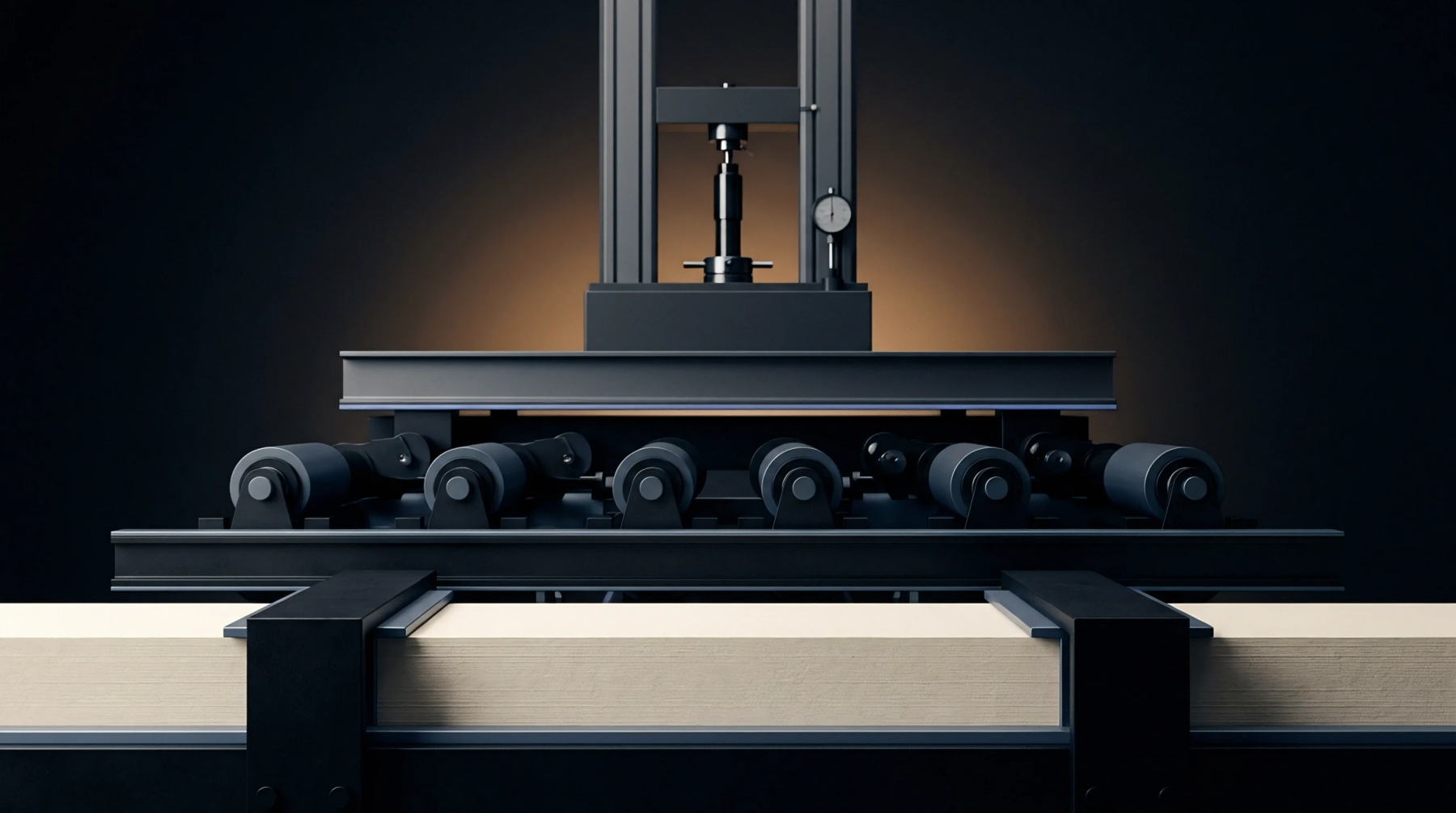 An industrial illustration depicts an automated material handling system with a compression press poised above a stack of pale sheet substrate.