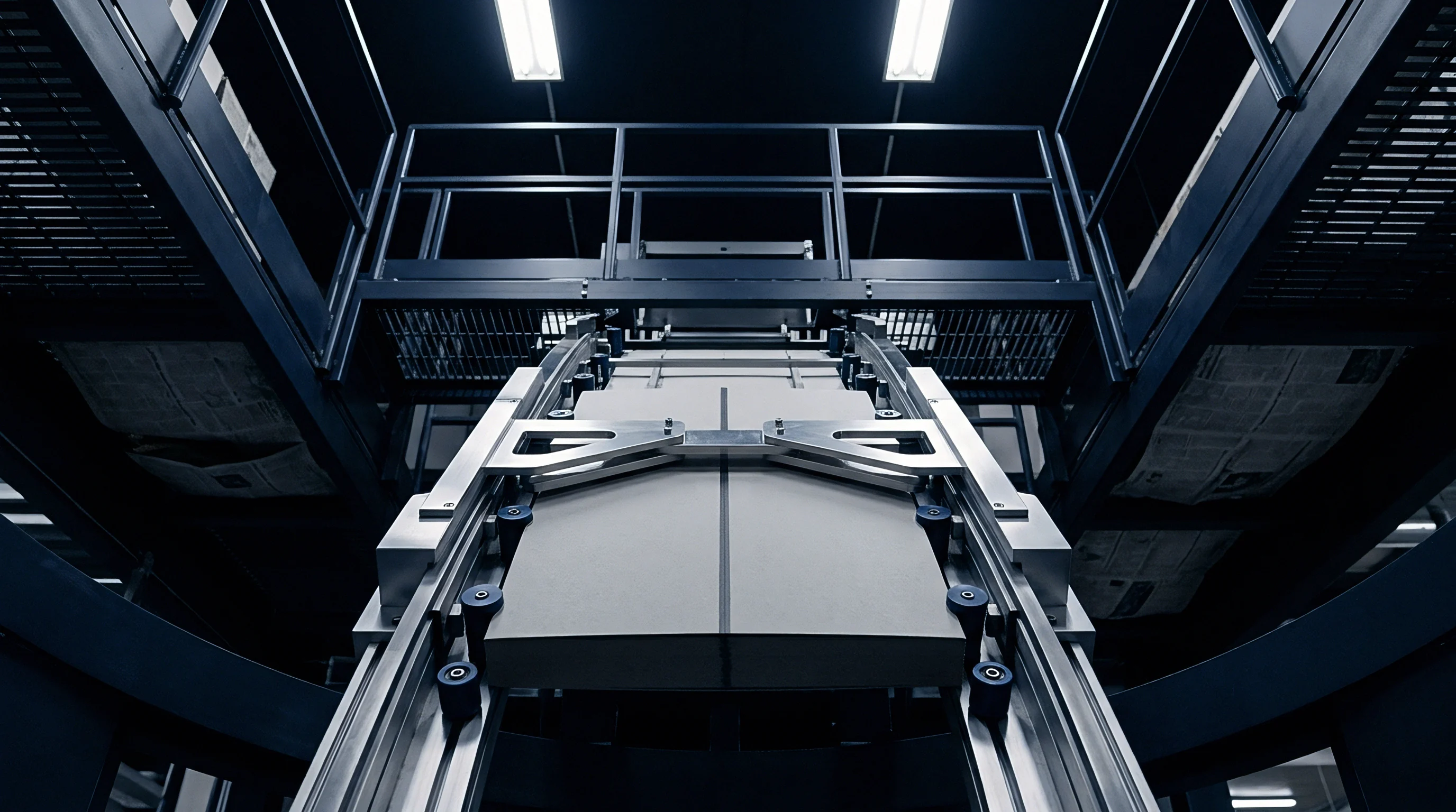 Heavy grey paper board substrates ascend through vertical steel guide rails inside an automated industrial converting facility.