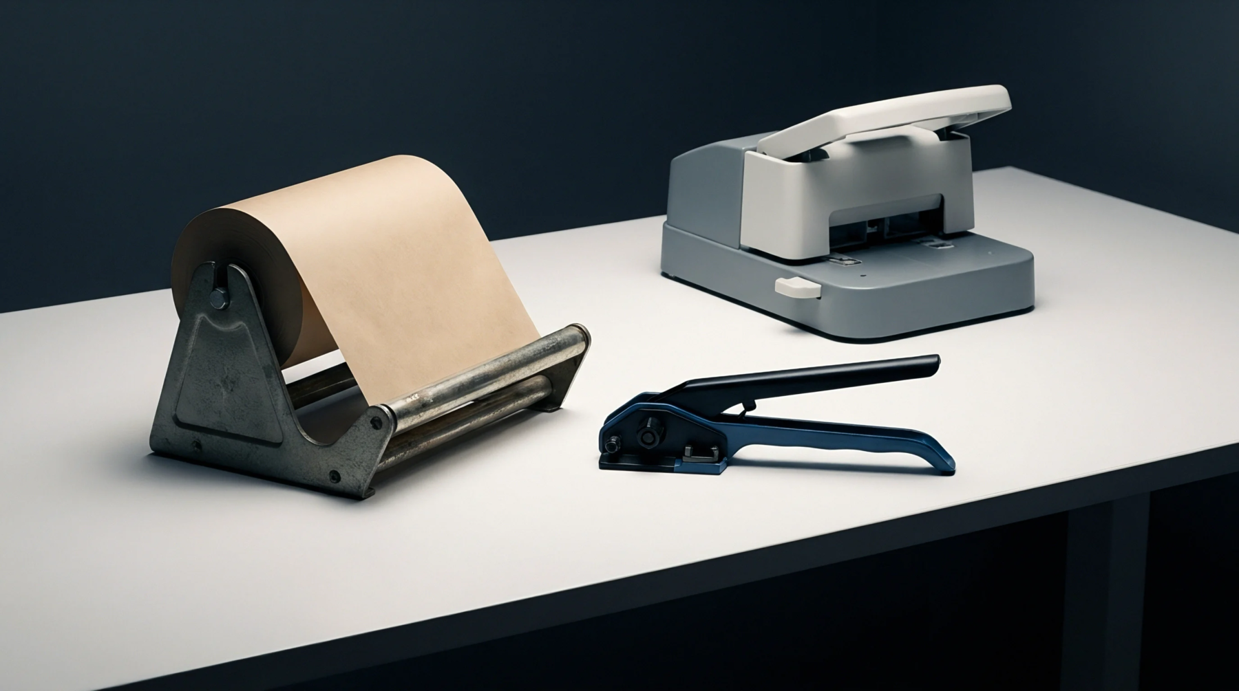A paper roll dispenser, a strapping tensioner, and a heavy-duty punch sit on a white bench for packaging sample preparation.