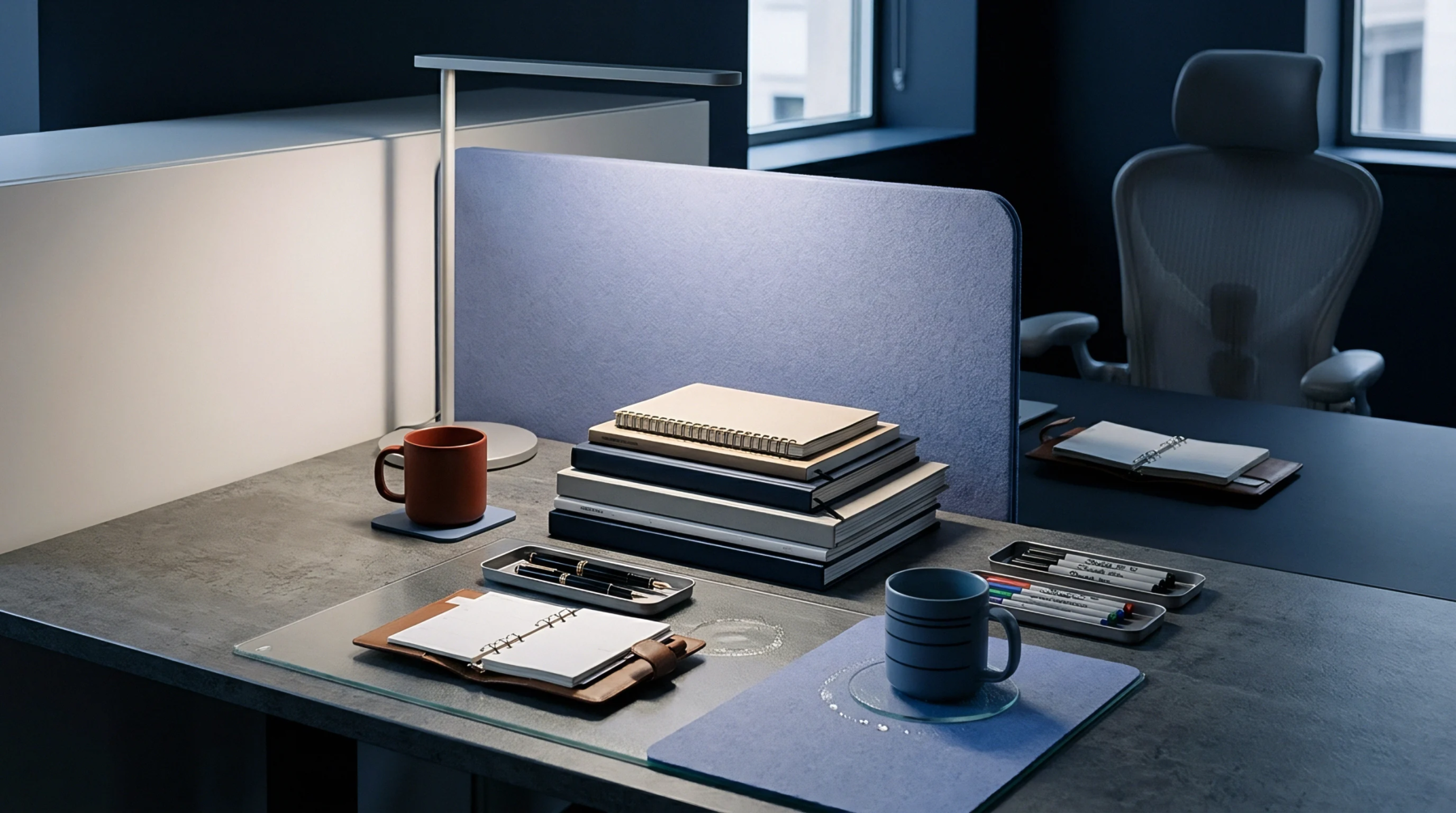 Stacked bound journals and spiral notebooks occupy a workstation alongside writing instruments and various felt desk accessories in a digital rendering.