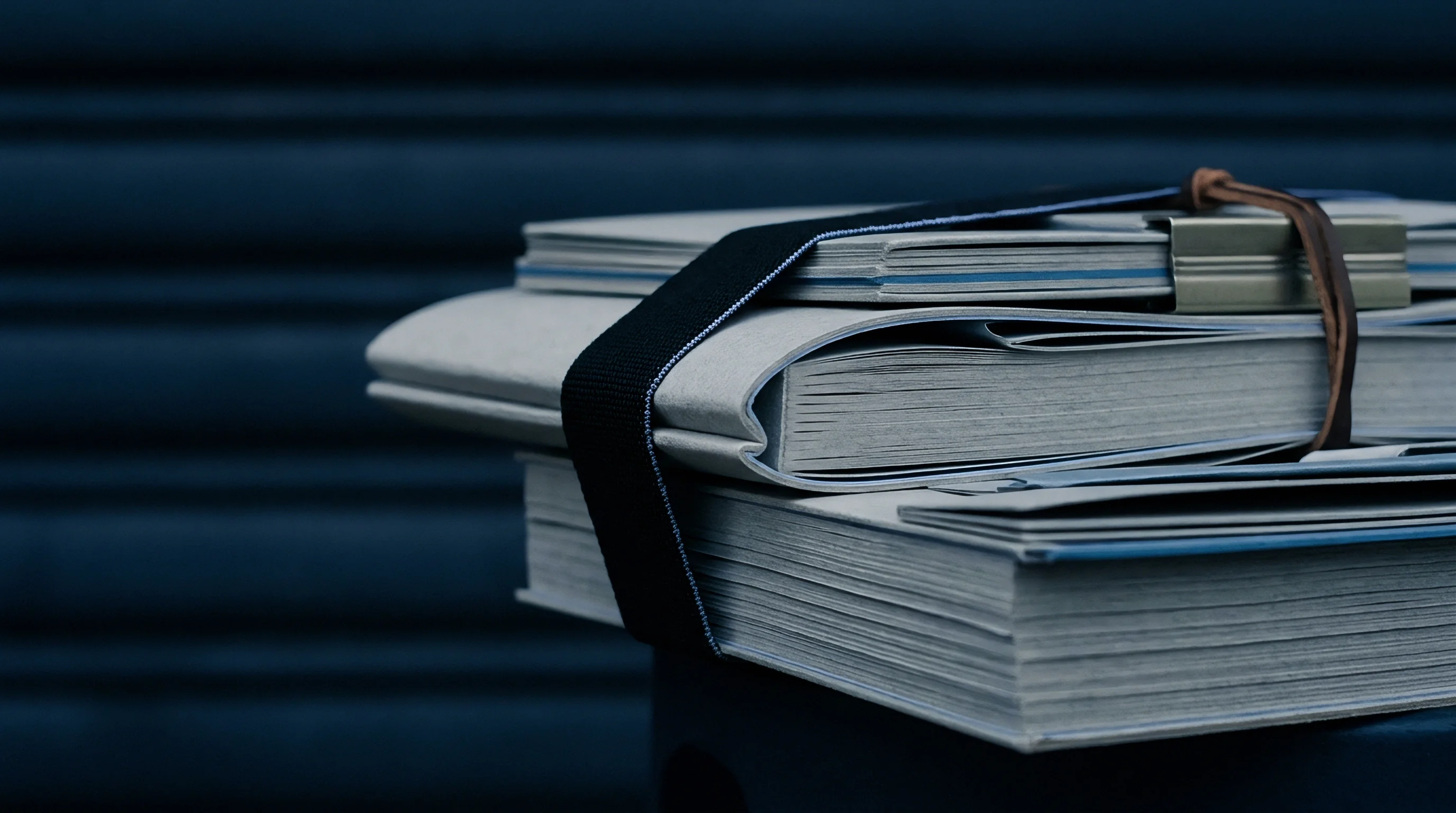 Heavy paper stock sheets are collated into stacks and secured horizontally with an elastic band and a metal binder clip.