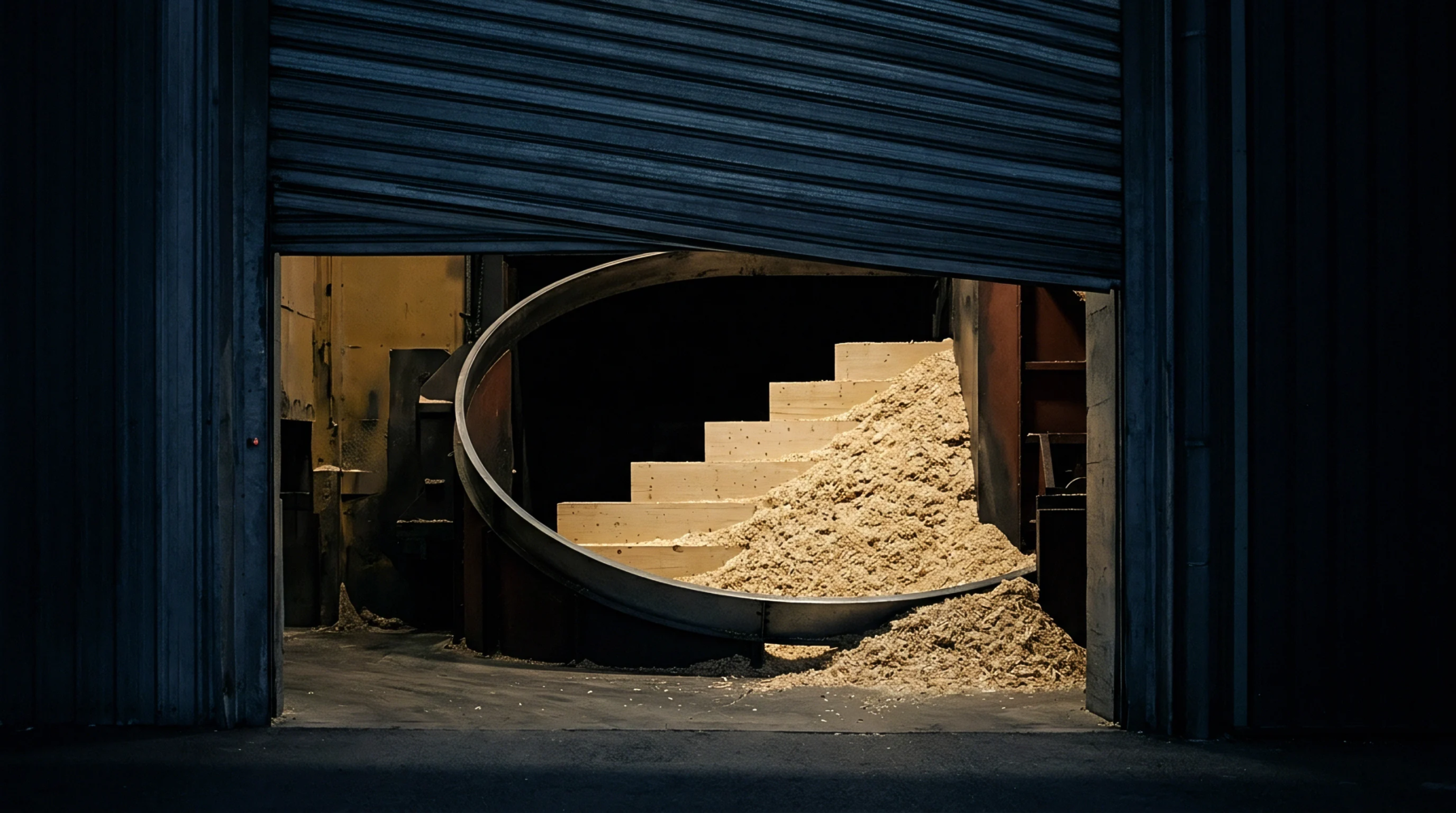 Shredded wood feedstock sits in a large pile next to wooden steps inside an industrial processing zone seen through a metal shutter.
