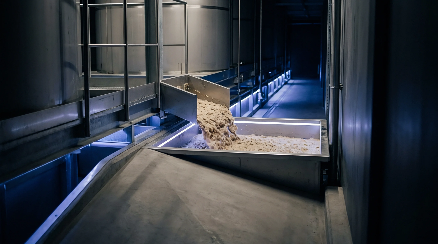 Wet raw pulp or substrate material cascades from a metal transfer chute into a processing vat within a specialized manufacturing facility.