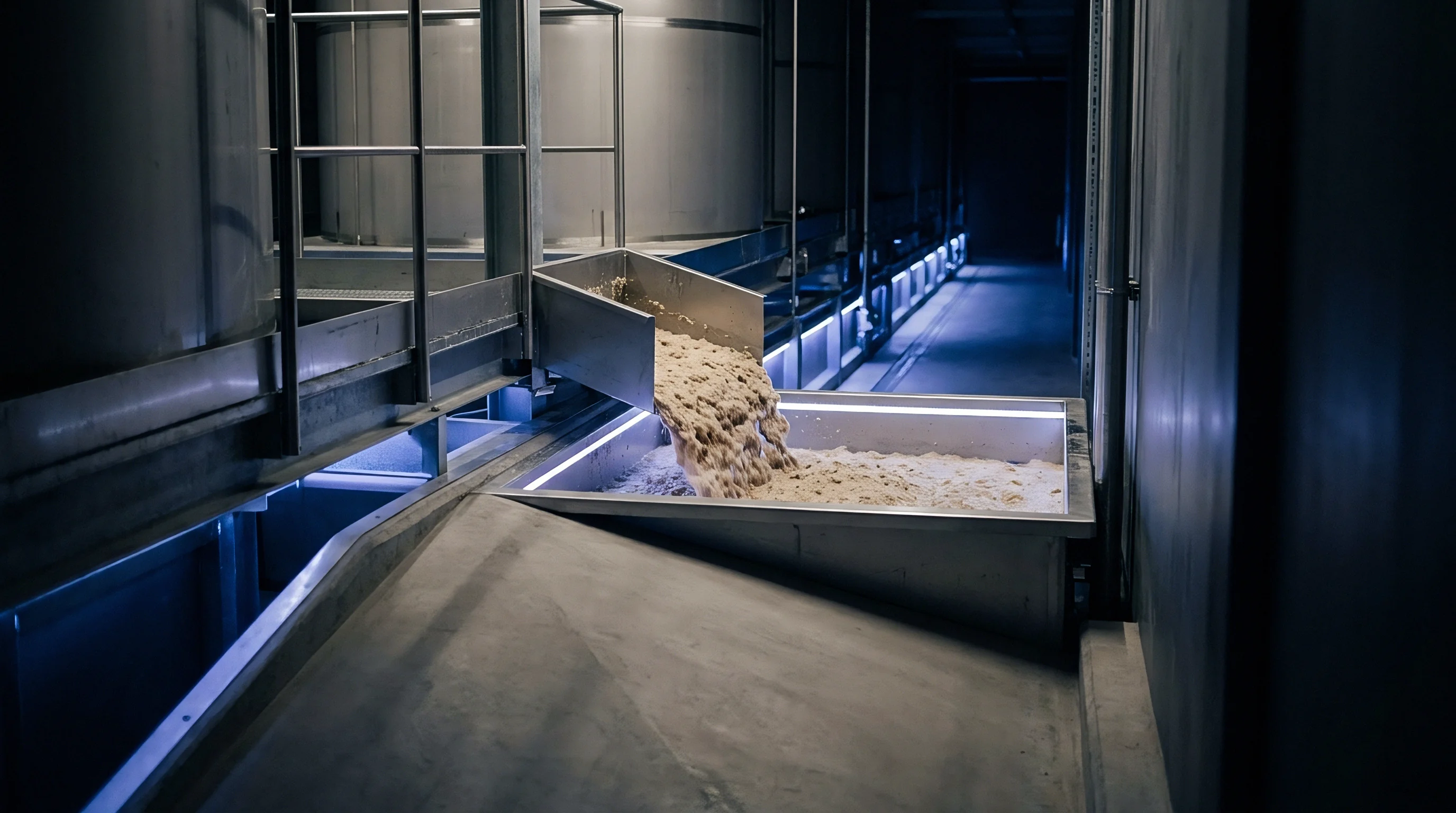 Wet raw pulp or substrate material cascades from a metal transfer chute into a processing vat within a specialized manufacturing facility.