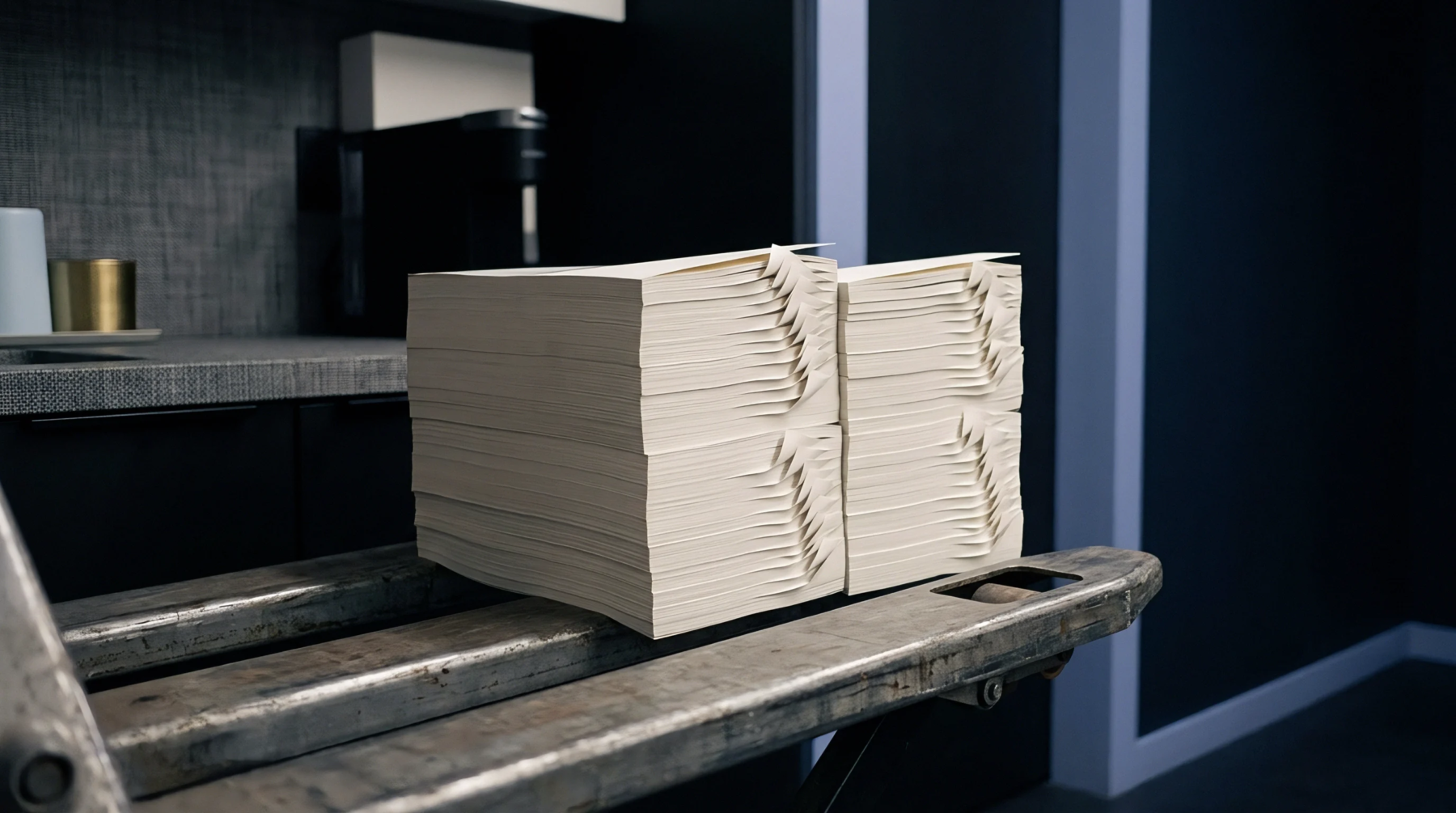 Large stacks of rectangular ivory paper rest on a metallic pallet jack inside an industrial facility next to dark cabinets.