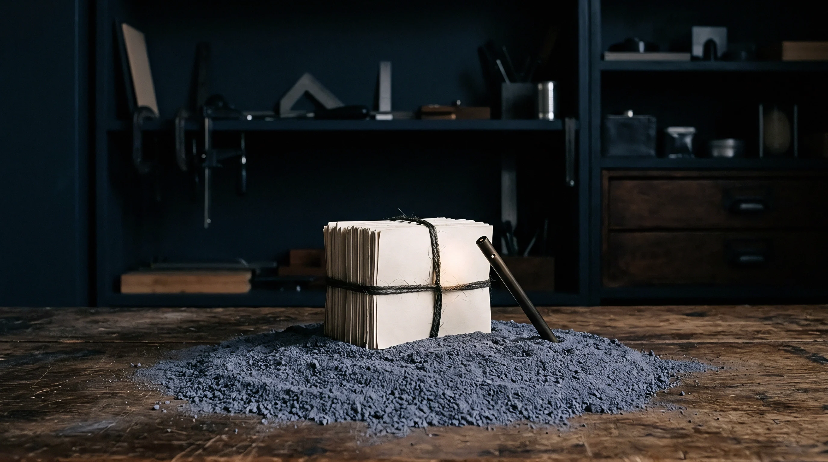 Thick uncoated paper bound with twine stands vertically in a heap of grey granular mineral pigment on a dark workshop workbench.