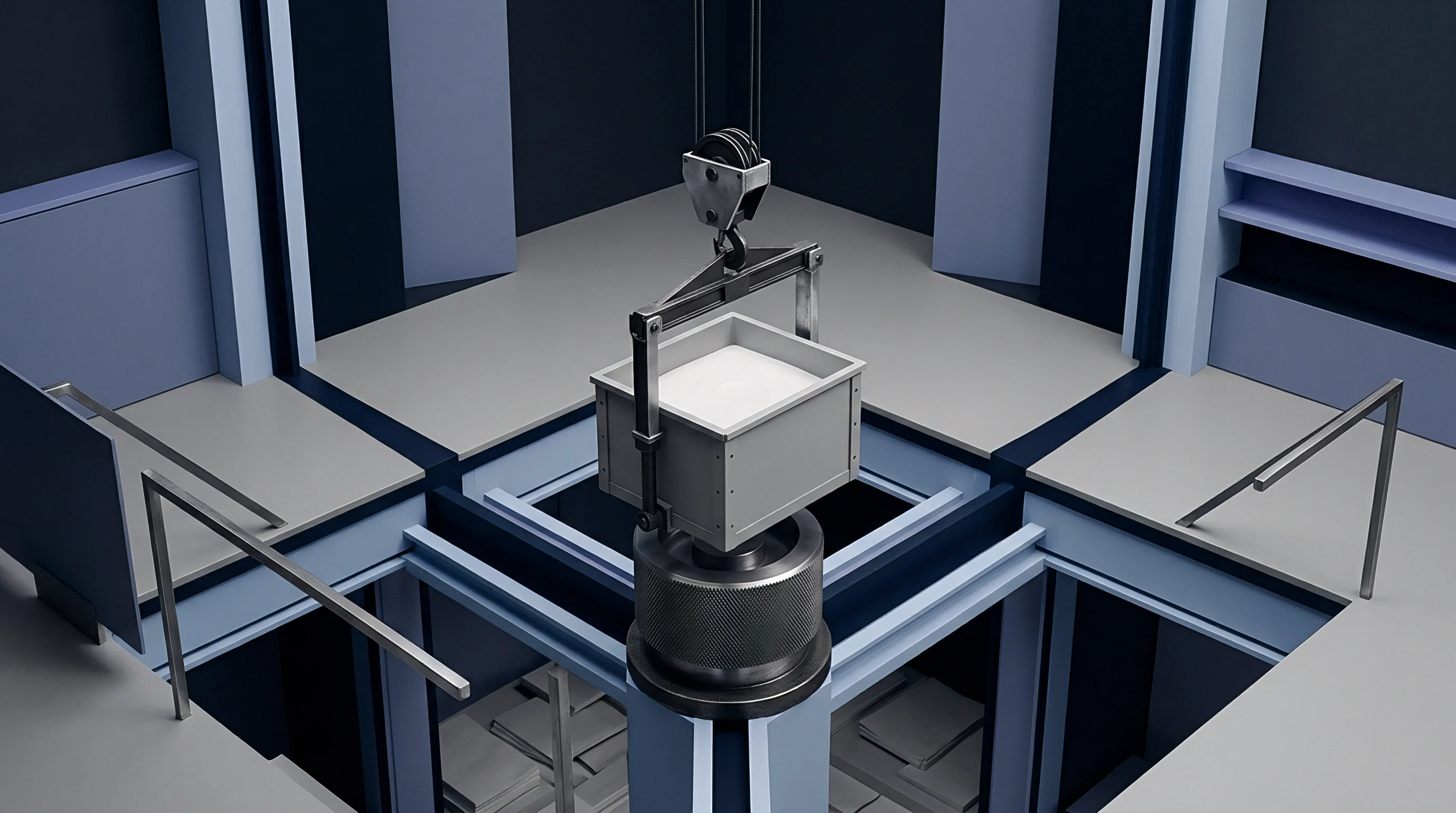 A mechanical hoist suspended above a central shaft holds a square vat filled with white liquid coating in this digital render.