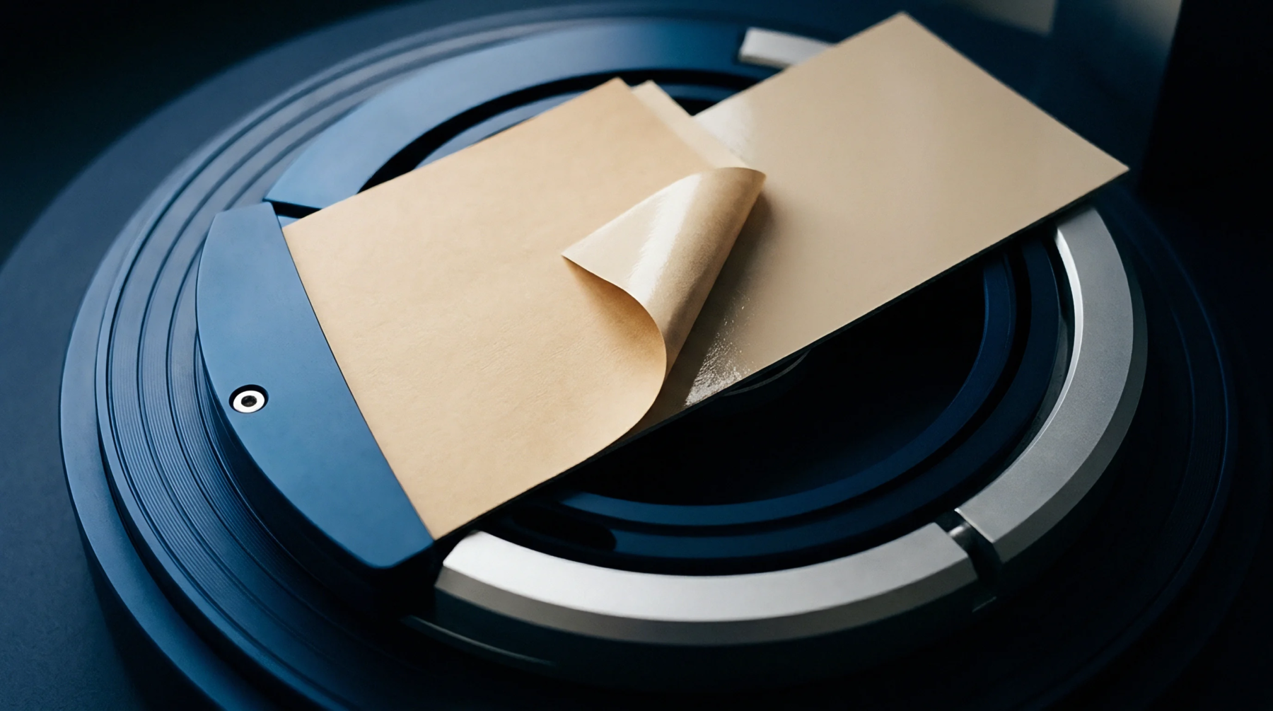 Two light brown paper stock sheets, one peeling back to reveal a glossy coated surface, rest on a dark blue and silver circular mechanical platform.