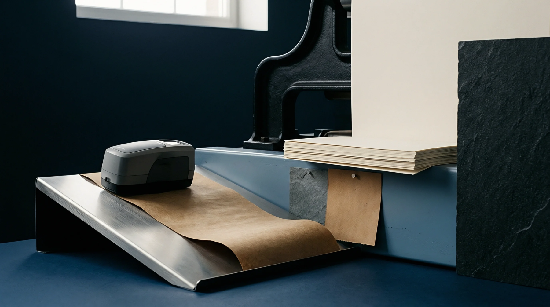 A spectrophotometer rests on a sheet of brown paper beside a stack of cream cardstock and a dark stone sample within a press room.