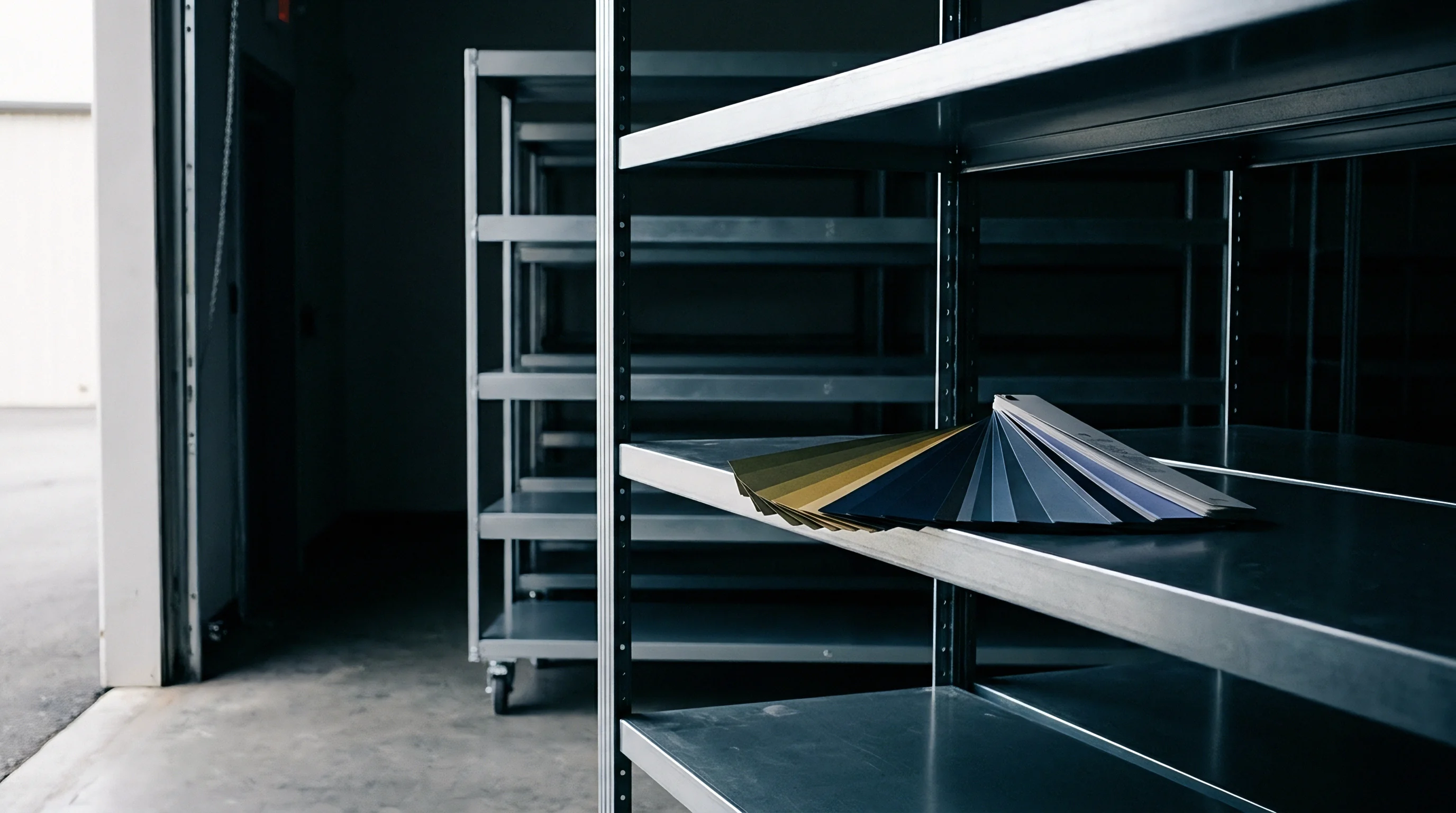 Metal shelves hold an expanded color fan deck near a warehouse loading bay with concrete floors and dim industrial lighting conditions.