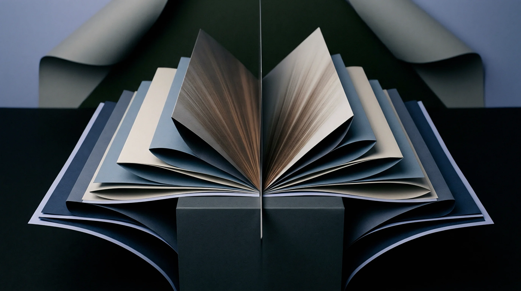 Symmetrical sheets of heavy paperboard fan outward from a gray pedestal in this digital render to display colored paper stocks and woodgrain finishes.