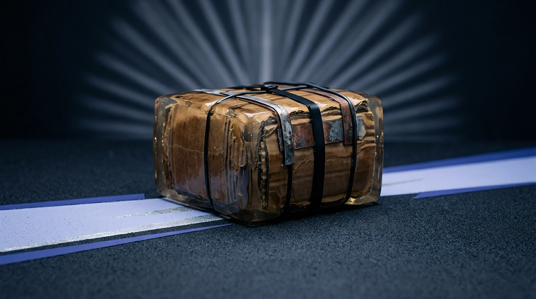A compressed bundle of corrugated paperboard encased within a solid transparent resin block rests on a dark studio surface.