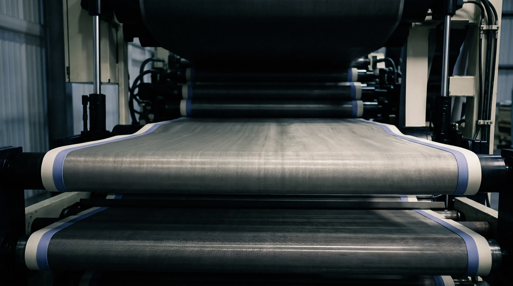 A wide grey composite web moves through multiple metal cylinders on an industrial converting and roll finishing line.