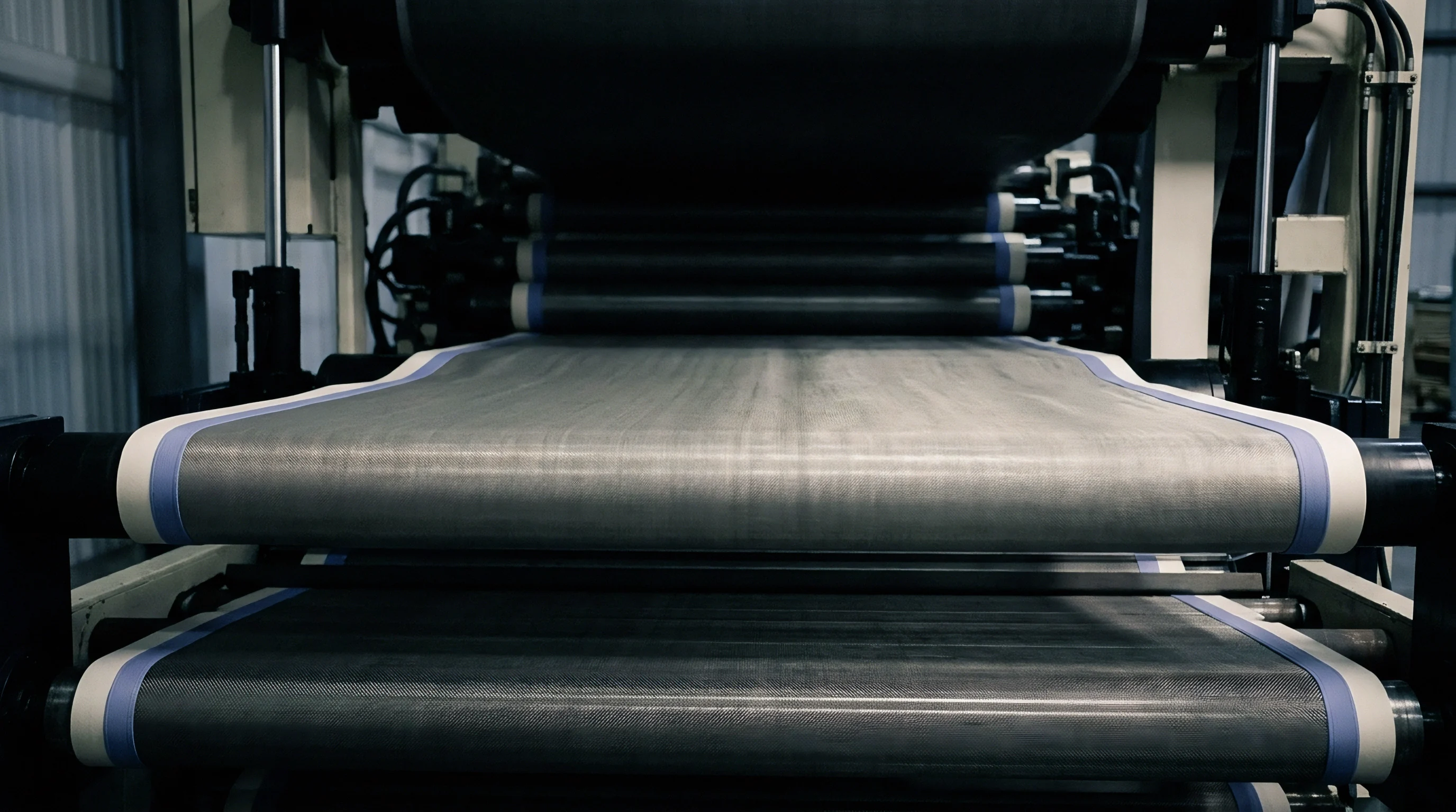 A wide grey composite web moves through multiple metal cylinders on an industrial converting and roll finishing line.