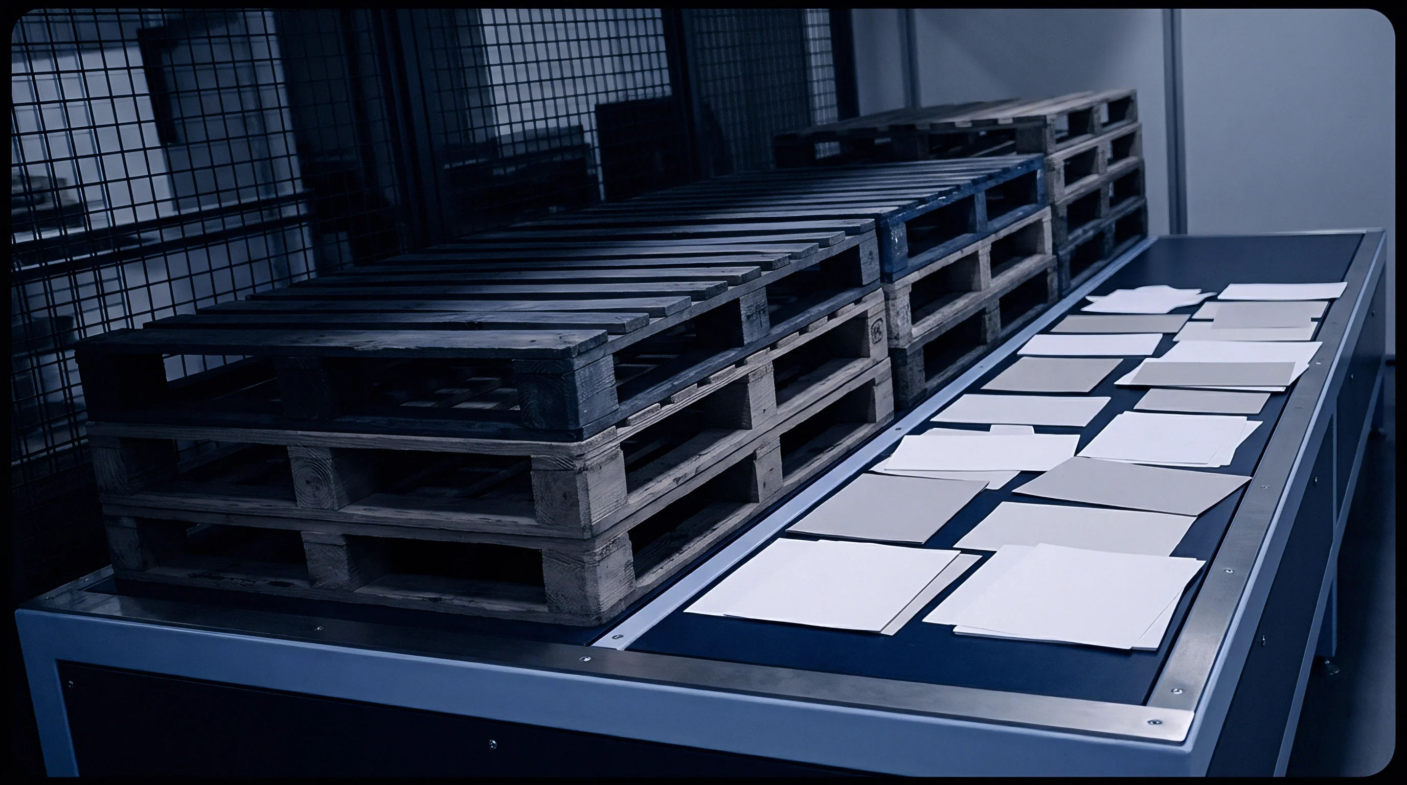 Rectangular substrate samples in varying white and gray tones rest on a dark conveyor table adjacent to stacks of wooden industrial pallets.
