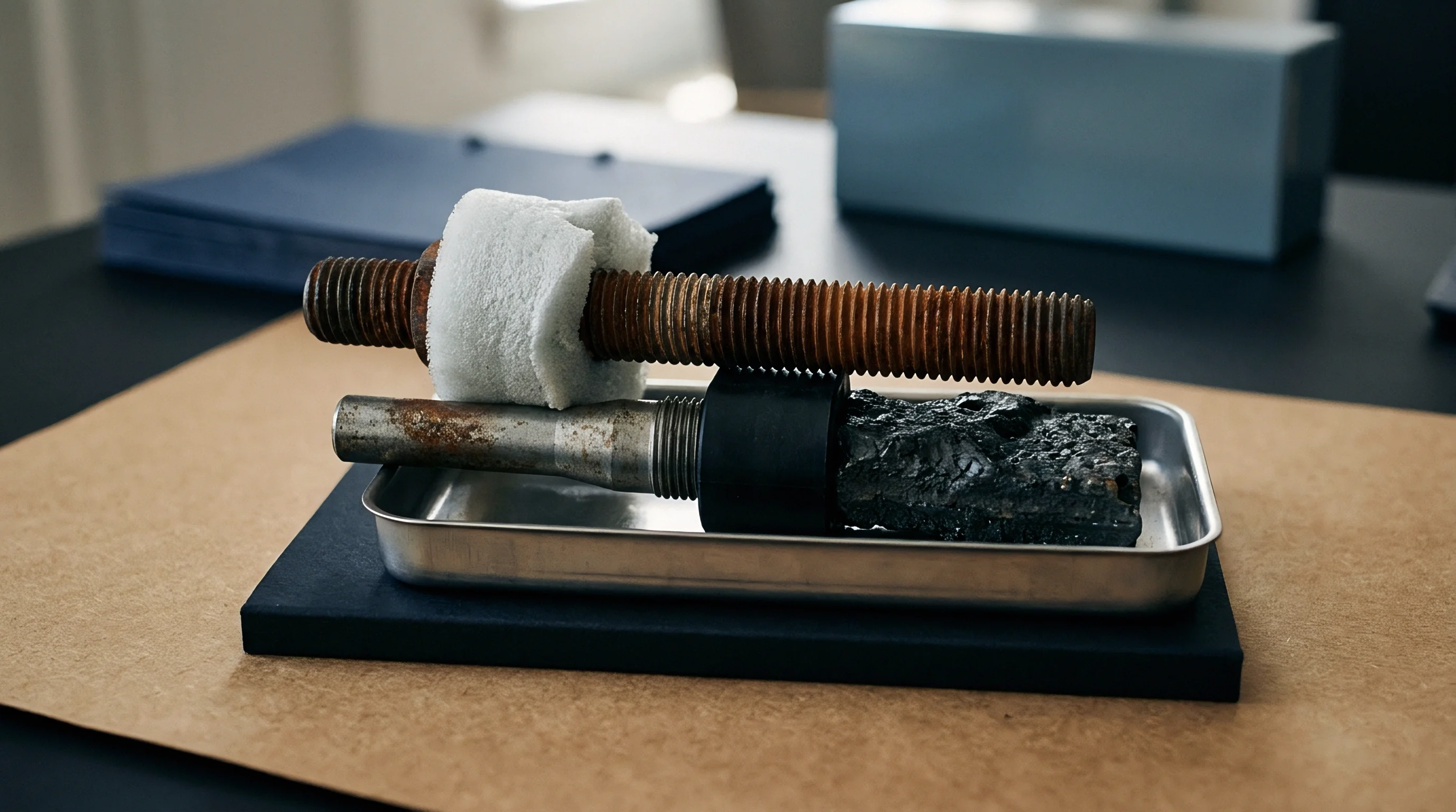 Rusted threaded shafts and worn metal rollers rest inside a steel tray upon a workbench during mechanical maintenance.