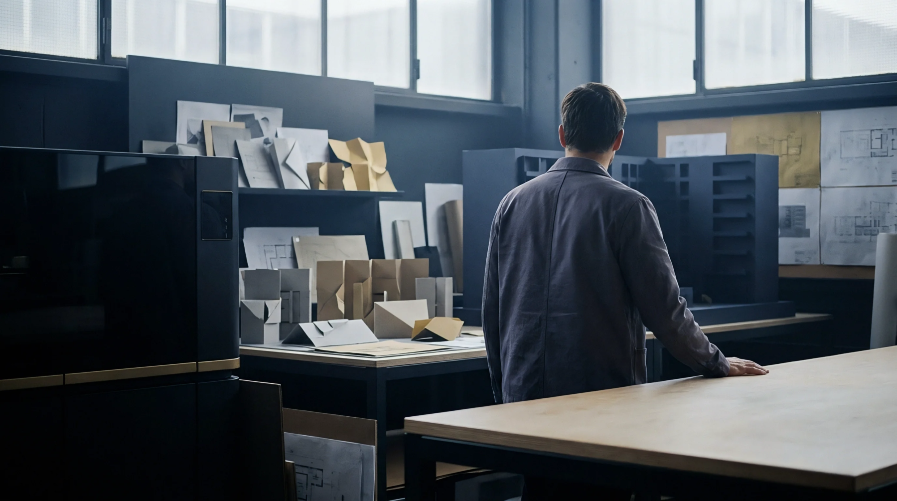 A designer examines numerous paper and cardstock models, architectural drawings, and material prototypes in a studio setting.