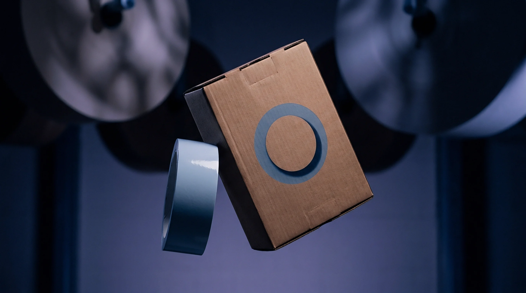 A corrugated cardboard box with a blue circular graphic floats beside a roll of light blue adhesive tape in front of blurred substrate rolls.