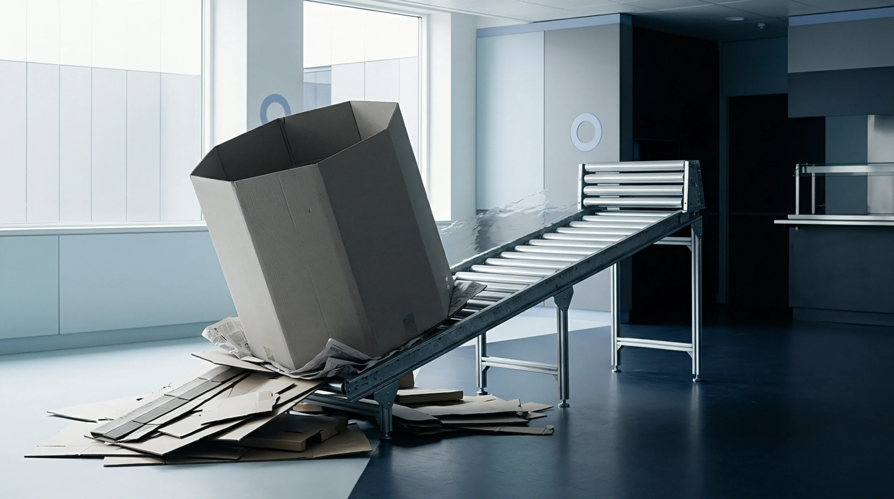 A large corrugated cardboard box jams sideways on an inclined roller conveyor inside a manufacturing facility surrounded by scrap material.