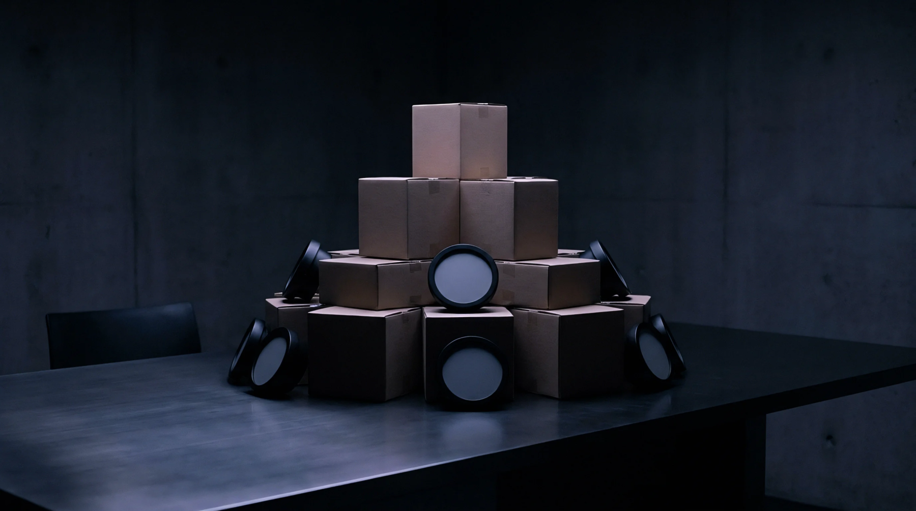 Kraft corrugated cardboard cartons are stacked in a pyramidal structure on a dark steel table surrounded by circular sample housings.